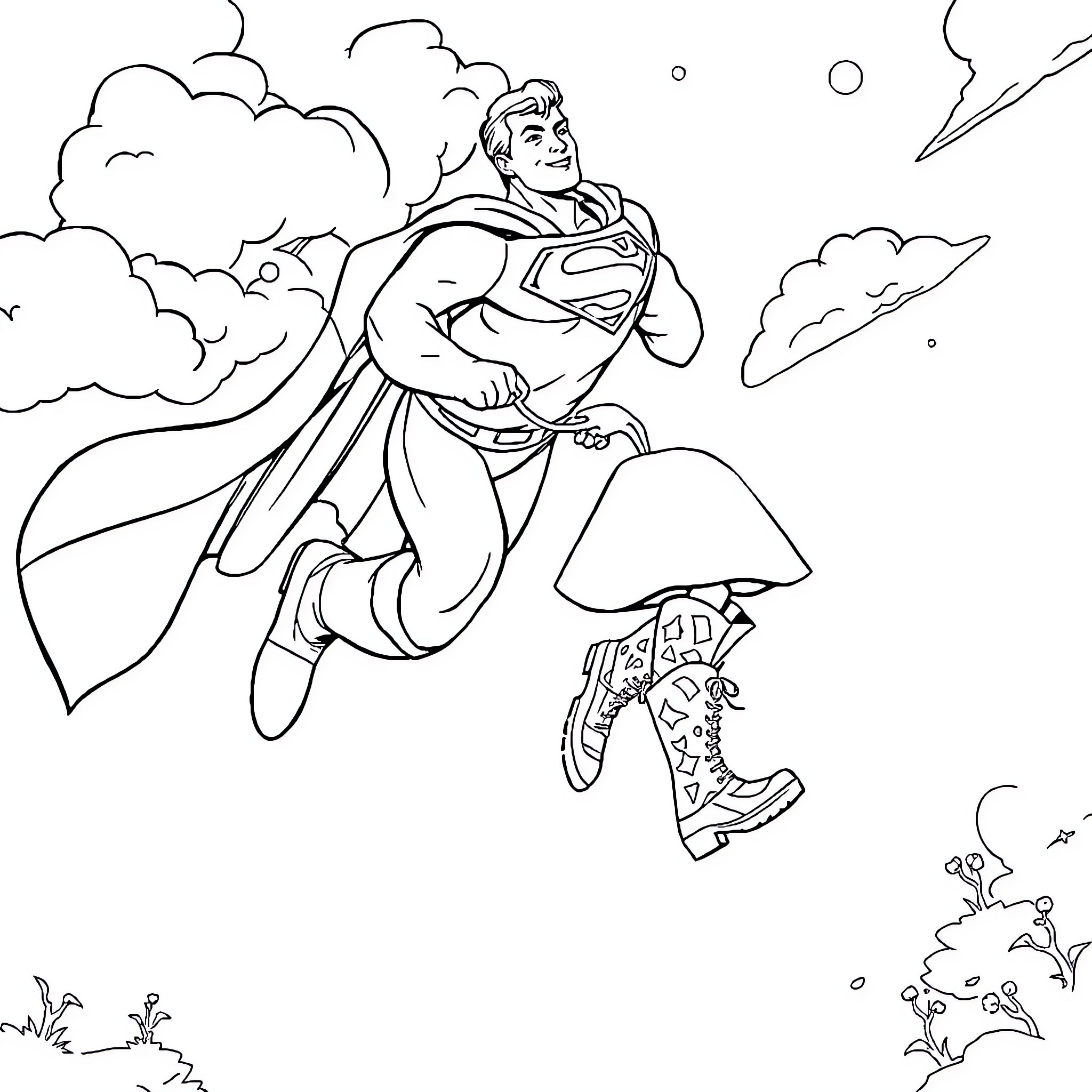 Superman soaring through the sky with heroic pose Coloring Page (free black-and-white line drawing printable PDF for all, from beginners to advanced learners, including children, teens, adults, and seniors)