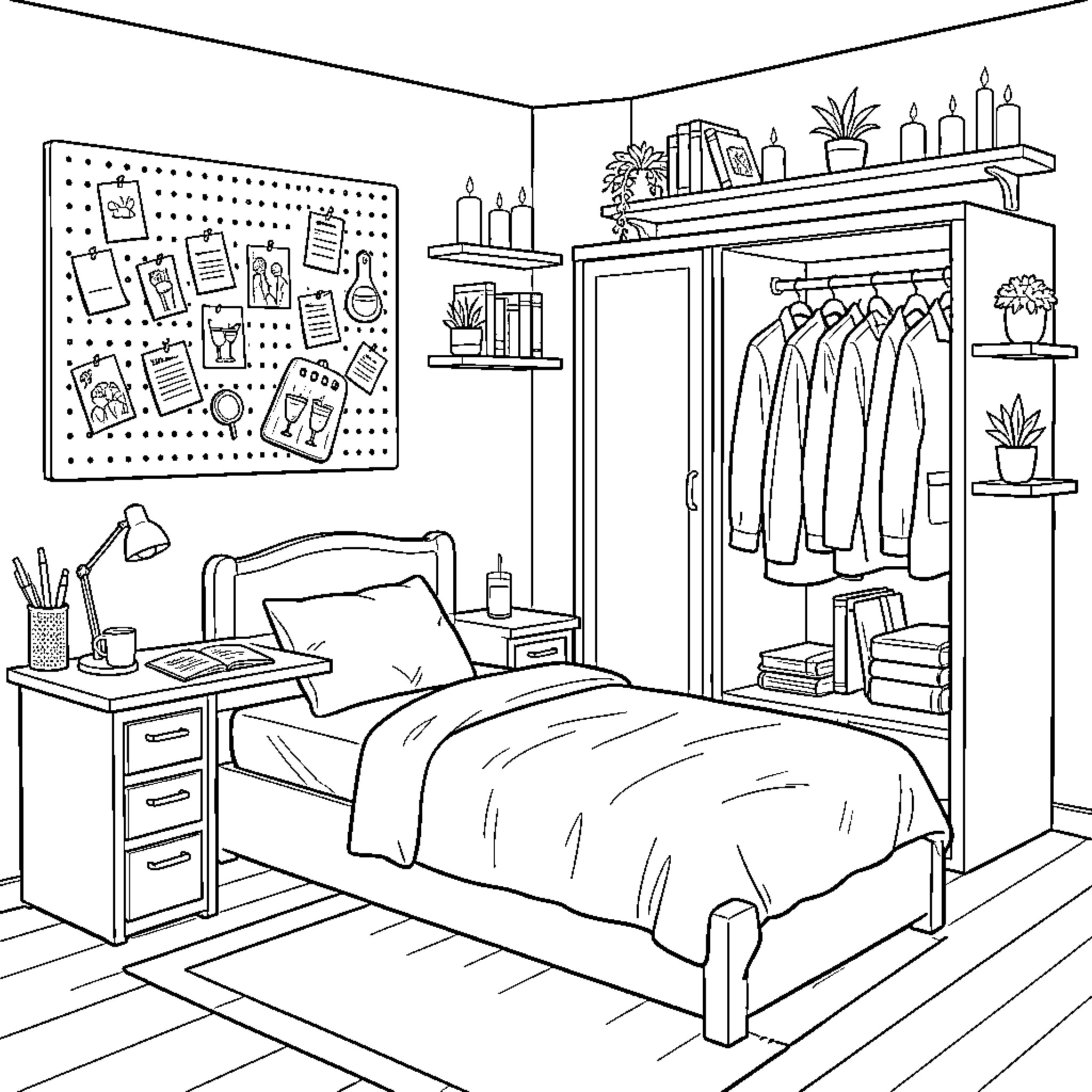 Bedroom featuring a tidy bed and organized wardrobe Coloring Page (free black-and-white line drawing printable PDF for all, from beginners to advanced learners, including children, teens, adults, and seniors)