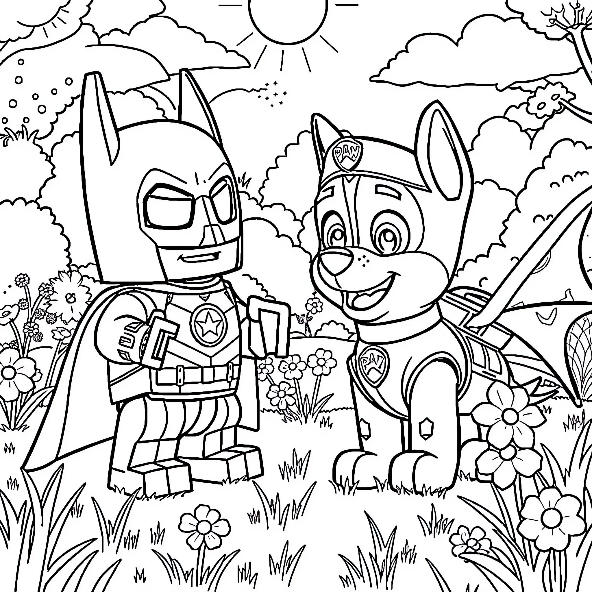 Chase after adventure with playful heroes Coloring Page (free black-and-white line drawing printable PDF for all, from beginners to advanced learners, including children, teens, adults, and seniors)