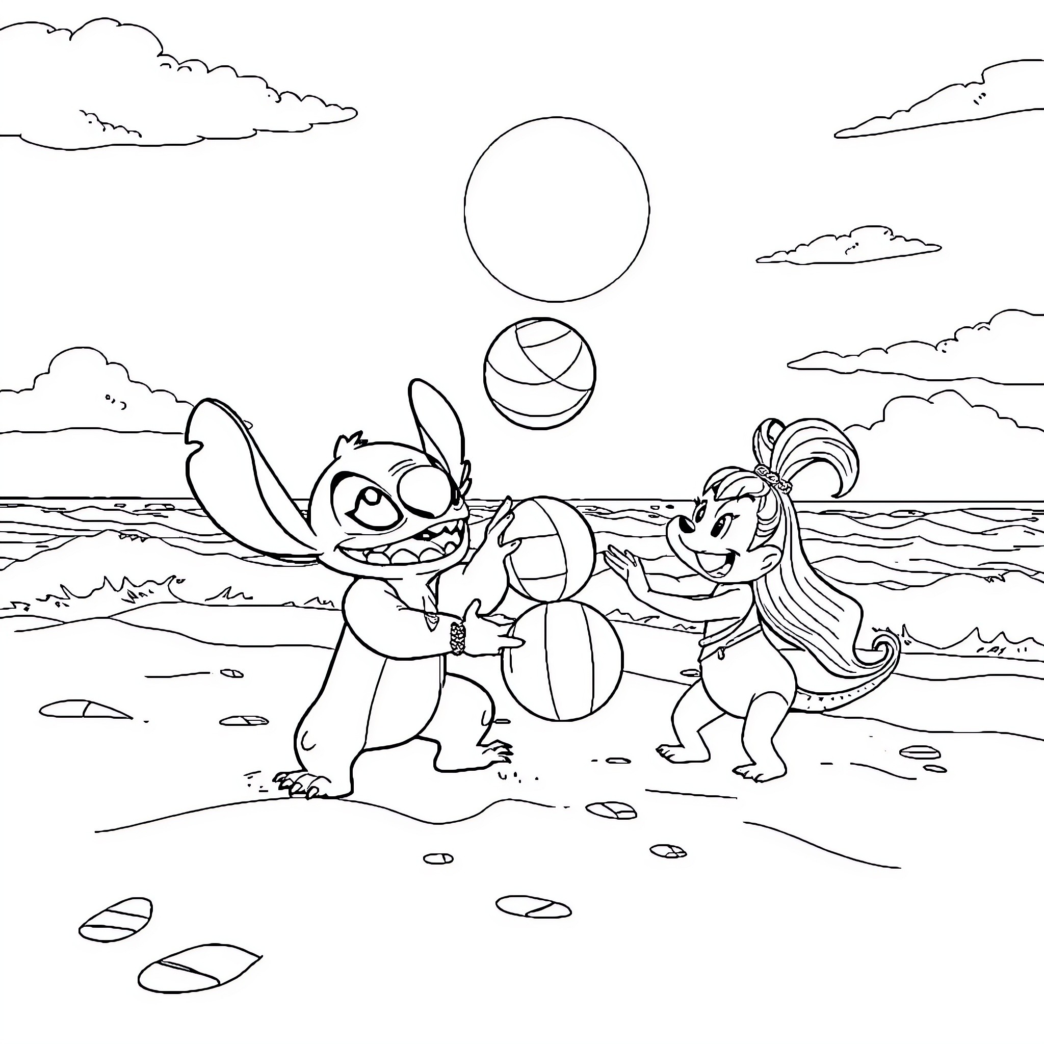 Stitch and Minnie playing on the beach Coloring Page (free black-and-white line drawing printable PDF for all, from beginners to advanced learners, including children, teens, adults, and seniors)