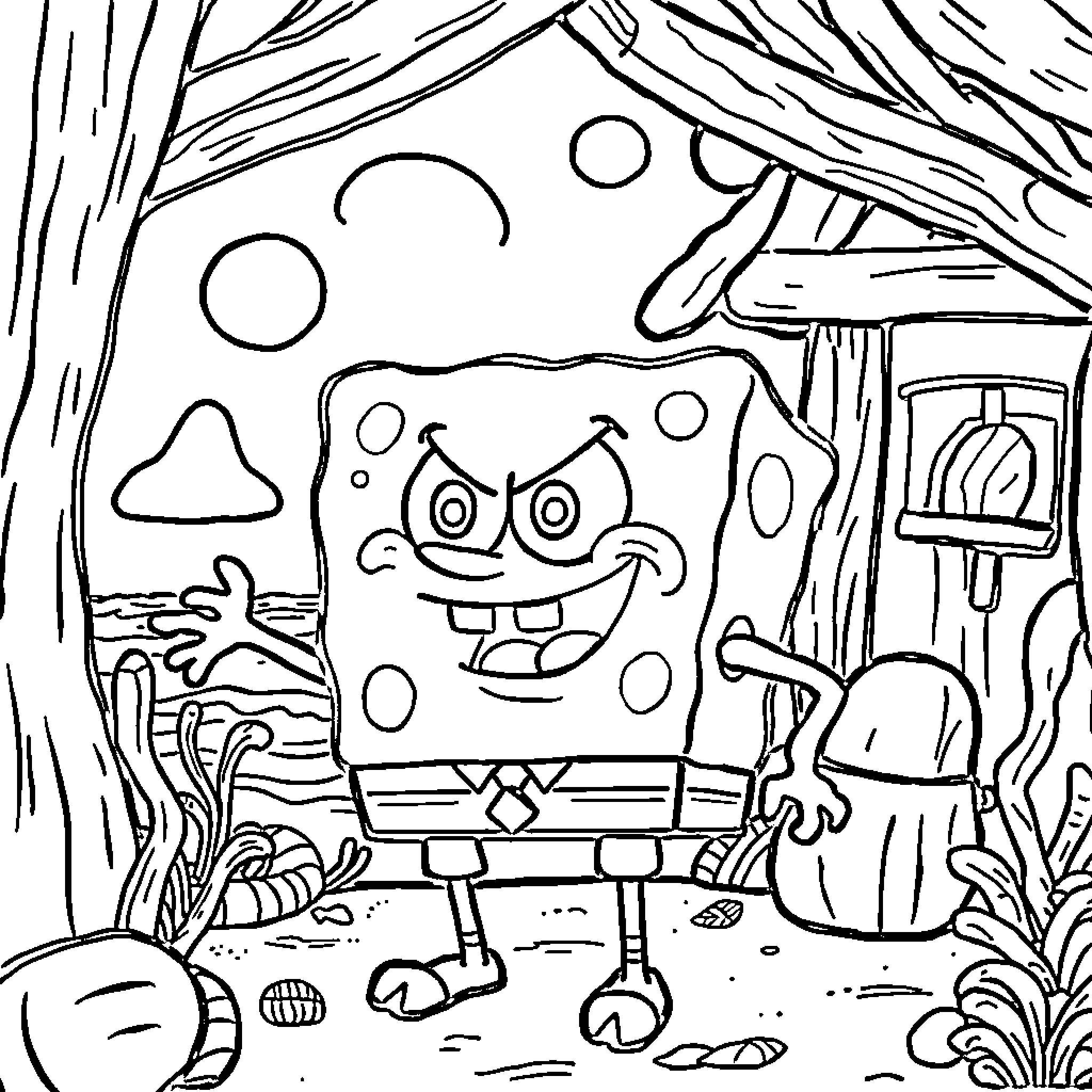 Bob esponja in a whimsical outdoor scene Coloring Page (free black-and-white line drawing printable PDF for all, from beginners to advanced learners, including children, teens, adults, and seniors)