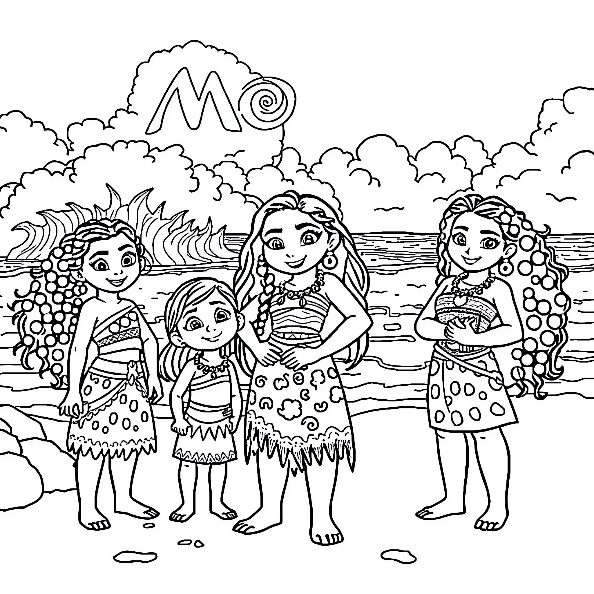 Moana and her friends in a tropical island scene Coloring Page (free black-and-white line drawing printable PDF for all, from beginners to advanced learners, including children, teens, adults, and seniors)