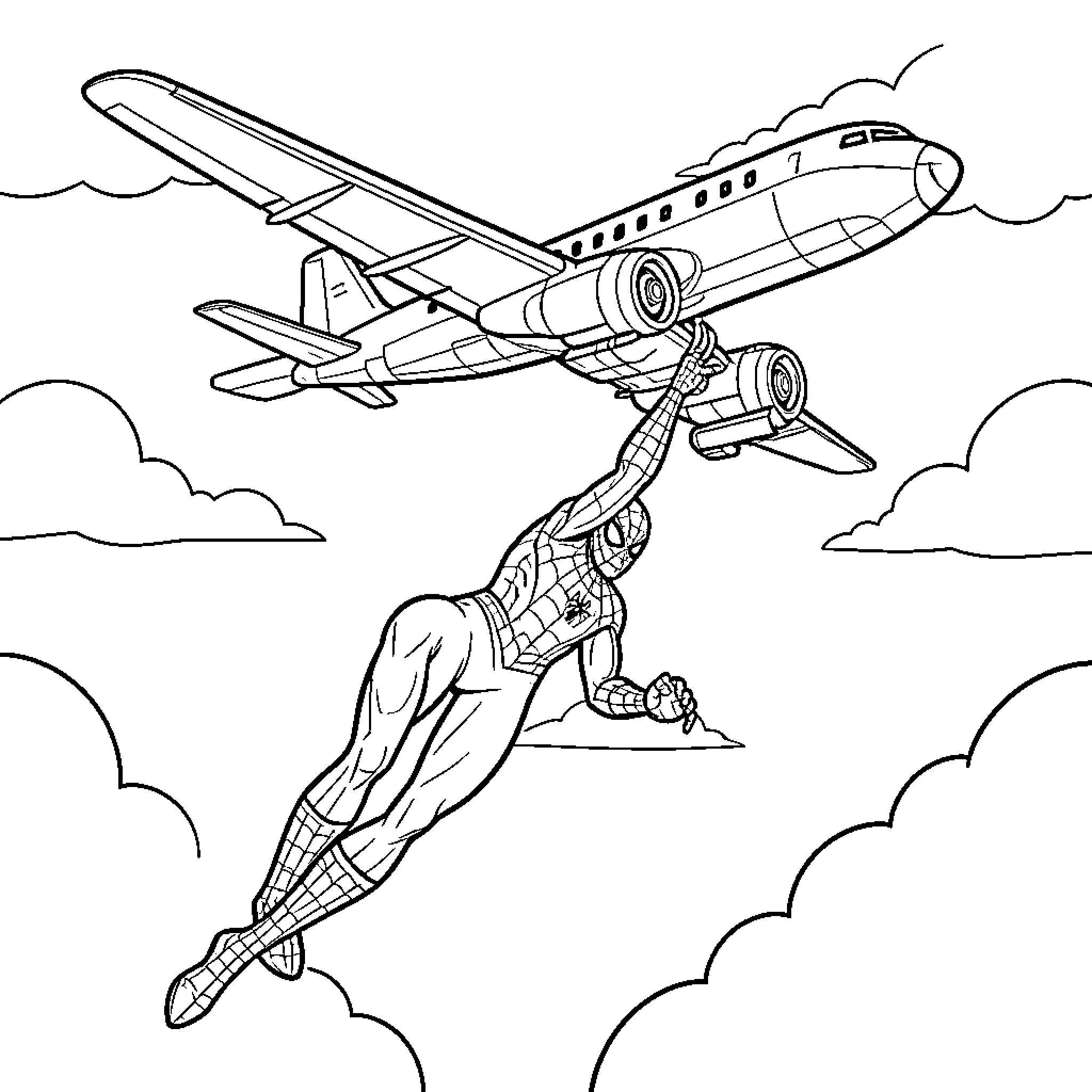 Spiderman swinging and holding onto a flying airplane Coloring Page (free black-and-white line drawing printable PDF for all, from beginners to advanced learners, including children, teens, adults, and seniors)