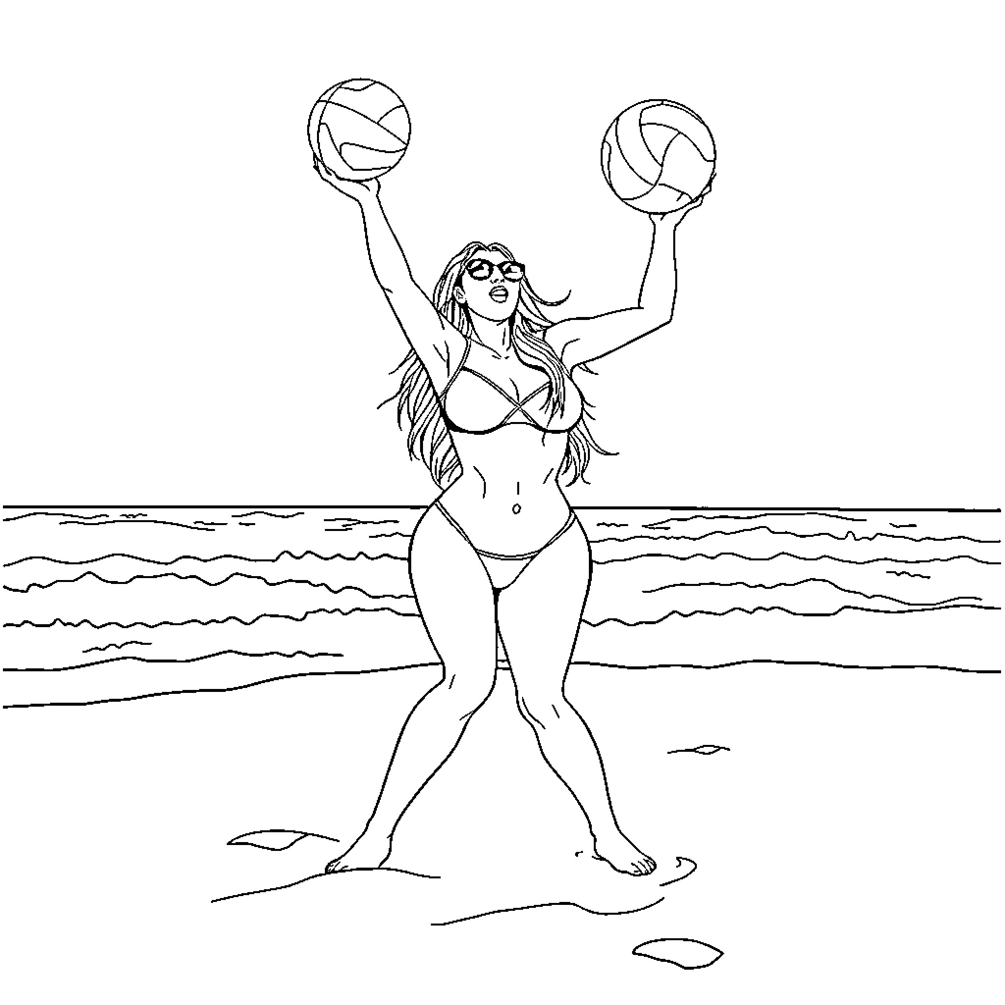 Kim Kardashian playing volleyball on the beach Coloring Page (free black-and-white line drawing printable PDF for all, from beginners to advanced learners, including children, teens, adults, and seniors)