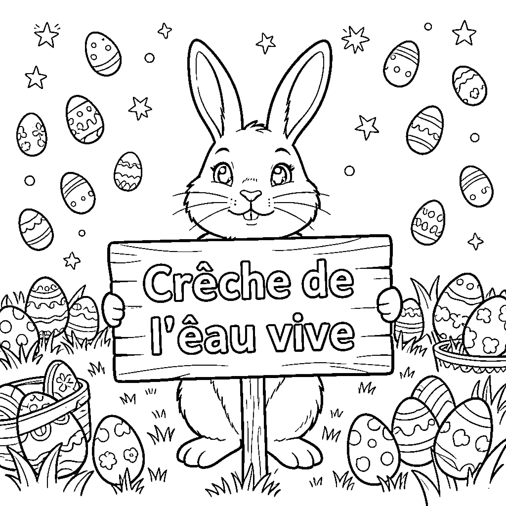 Rabbit holding a sign in a field of Easter eggs Coloring Page (free black-and-white line drawing printable PDF for all, from beginners to advanced learners, including children, teens, adults, and seniors)