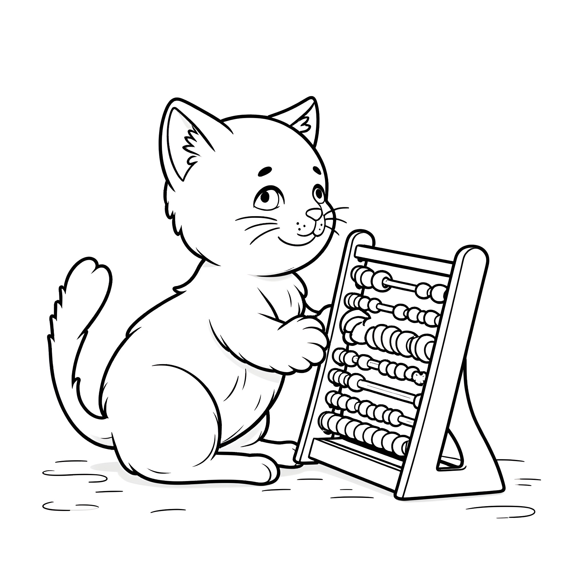 Cat playing with abacus toy Coloring Page (free black-and-white line drawing printable PDF for all, from beginners to advanced learners, including children, teens, adults, and seniors)