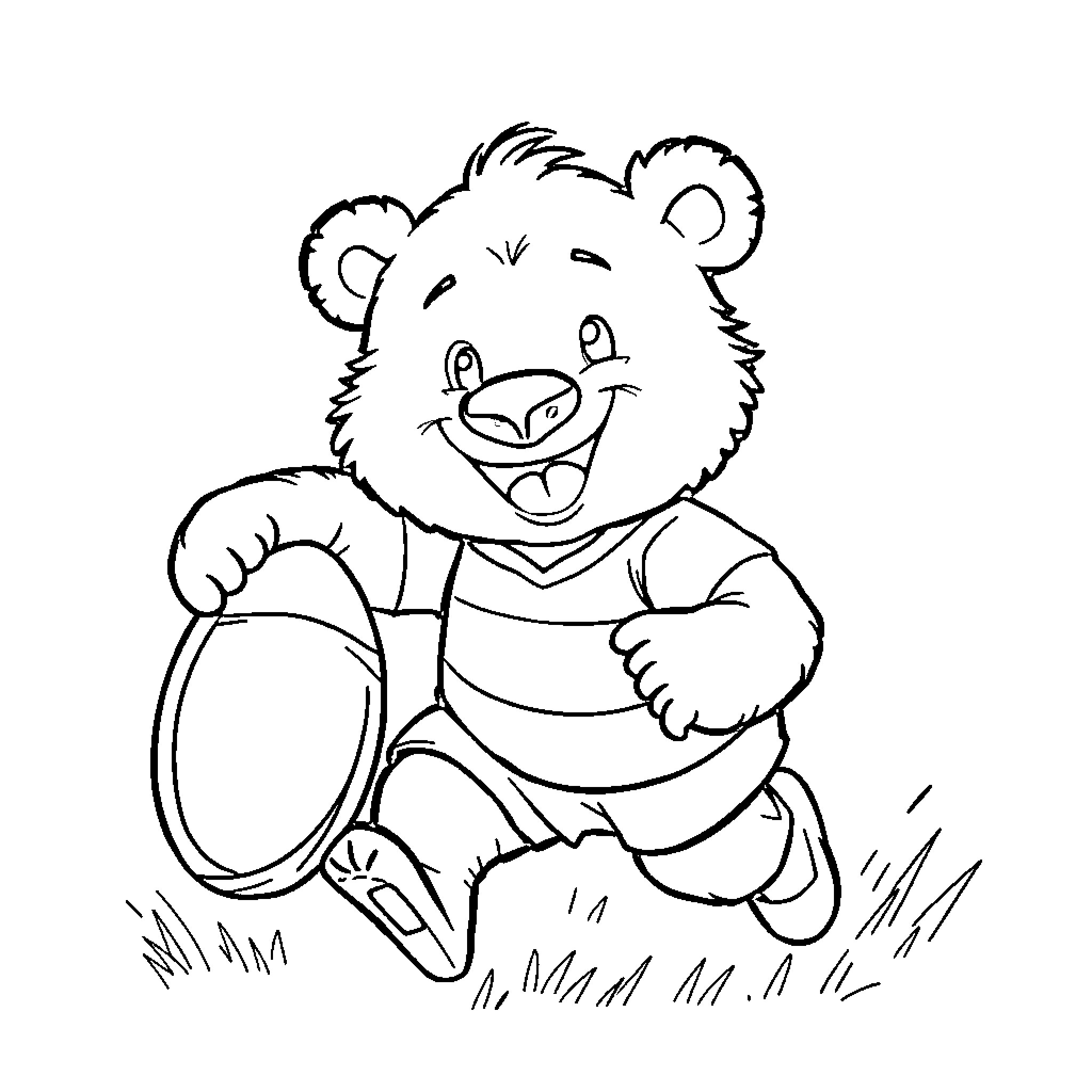 Bear running happily through the meadow Coloring Page (free black-and-white line drawing printable PDF for all, from beginners to advanced learners, including children, teens, adults, and seniors)