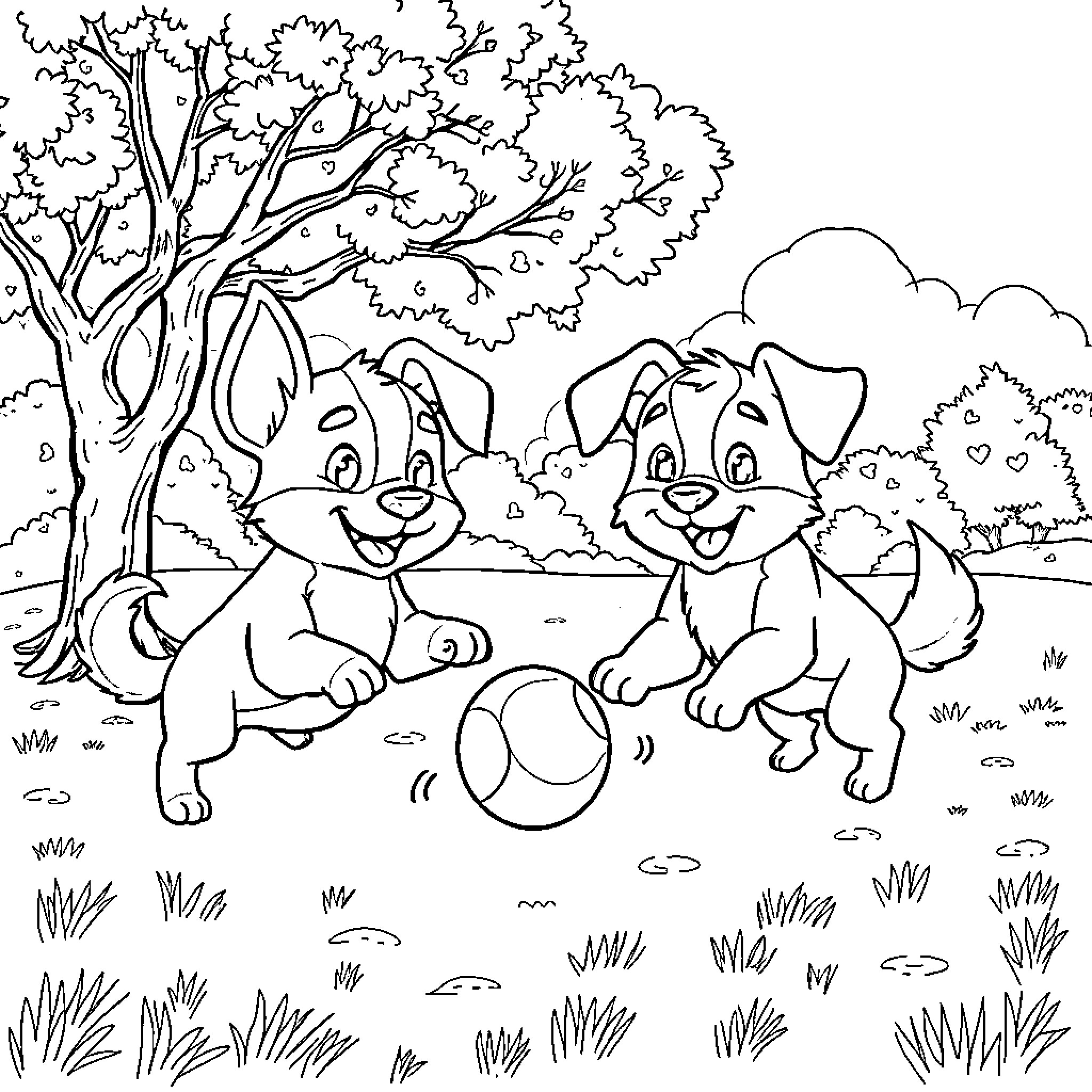 Bluey puppies playing with a ball in the park Coloring Page (free black-and-white line drawing printable PDF for all, from beginners to advanced learners, including children, teens, adults, and seniors)