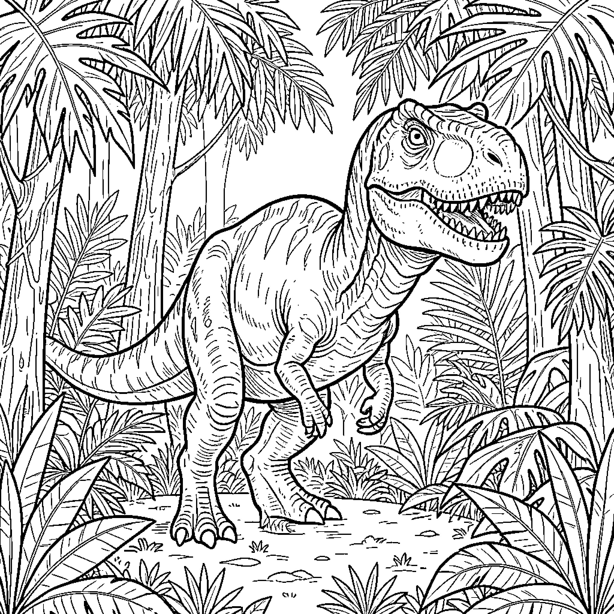 Dinosaur in Tropical Jungle Landscape Coloring Page (free black-and-white line drawing printable PDF for all, from beginners to advanced learners, including children, teens, adults, and seniors)