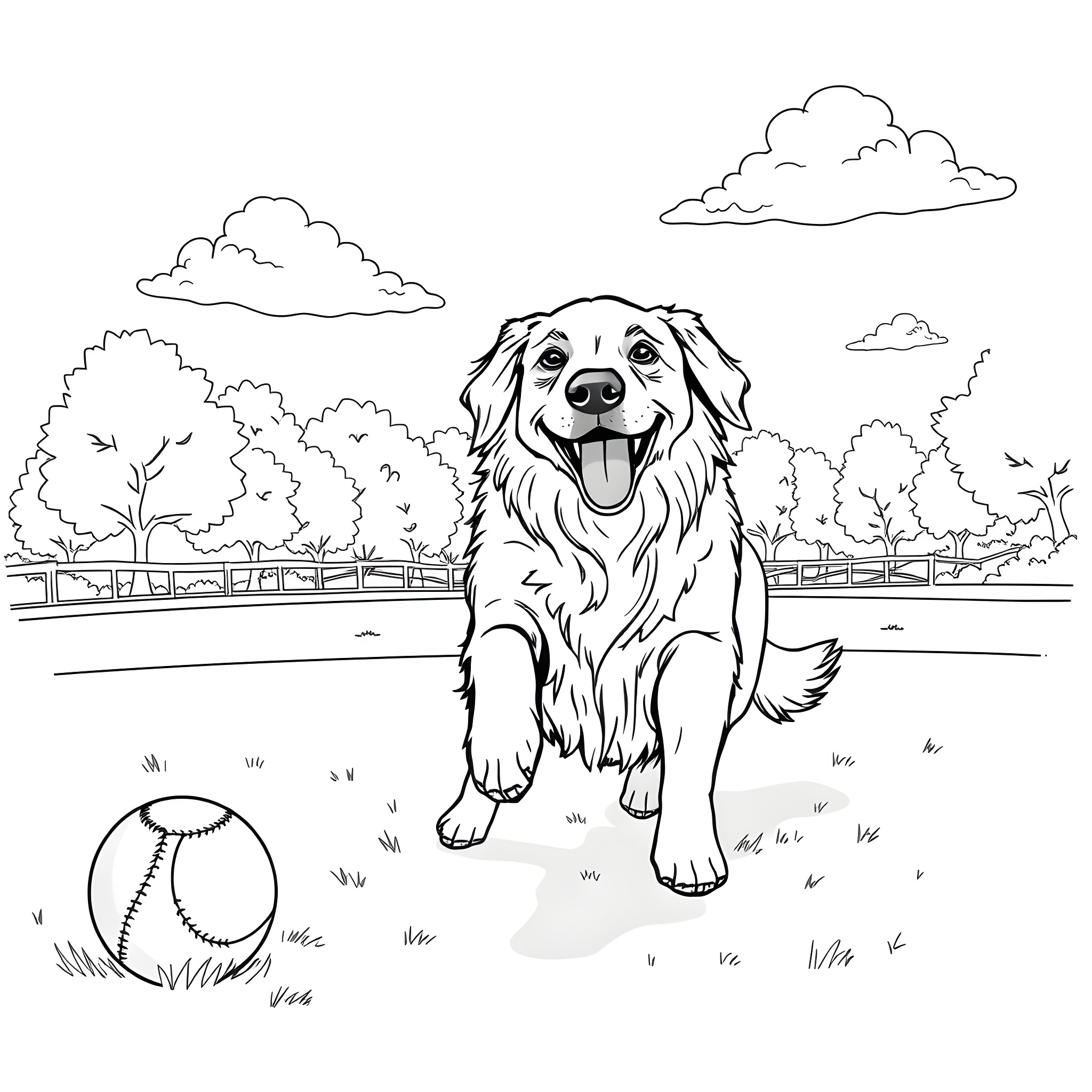 Golden Retriever playing happily in the park Coloring Page (free black-and-white line drawing printable PDF for all, from beginners to advanced learners, including children, teens, adults, and seniors)
