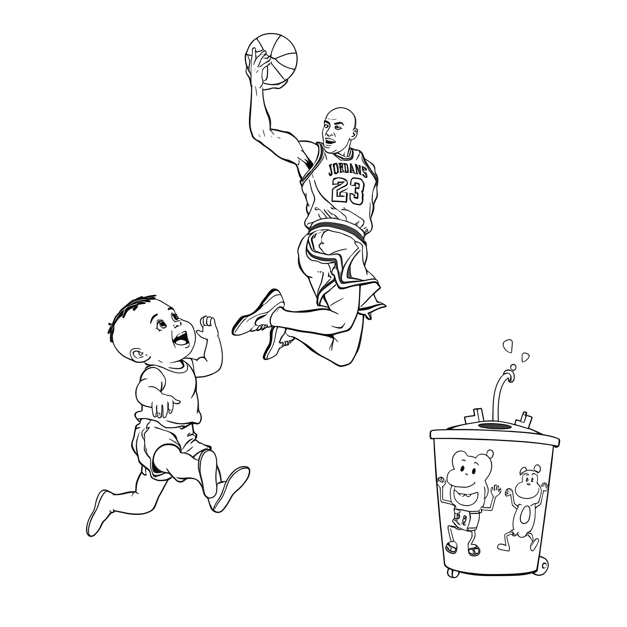 Michael Jordan dunking basketball with child nearby Coloring Page (free black-and-white line drawing printable PDF for all, from beginners to advanced learners, including children, teens, adults, and seniors)