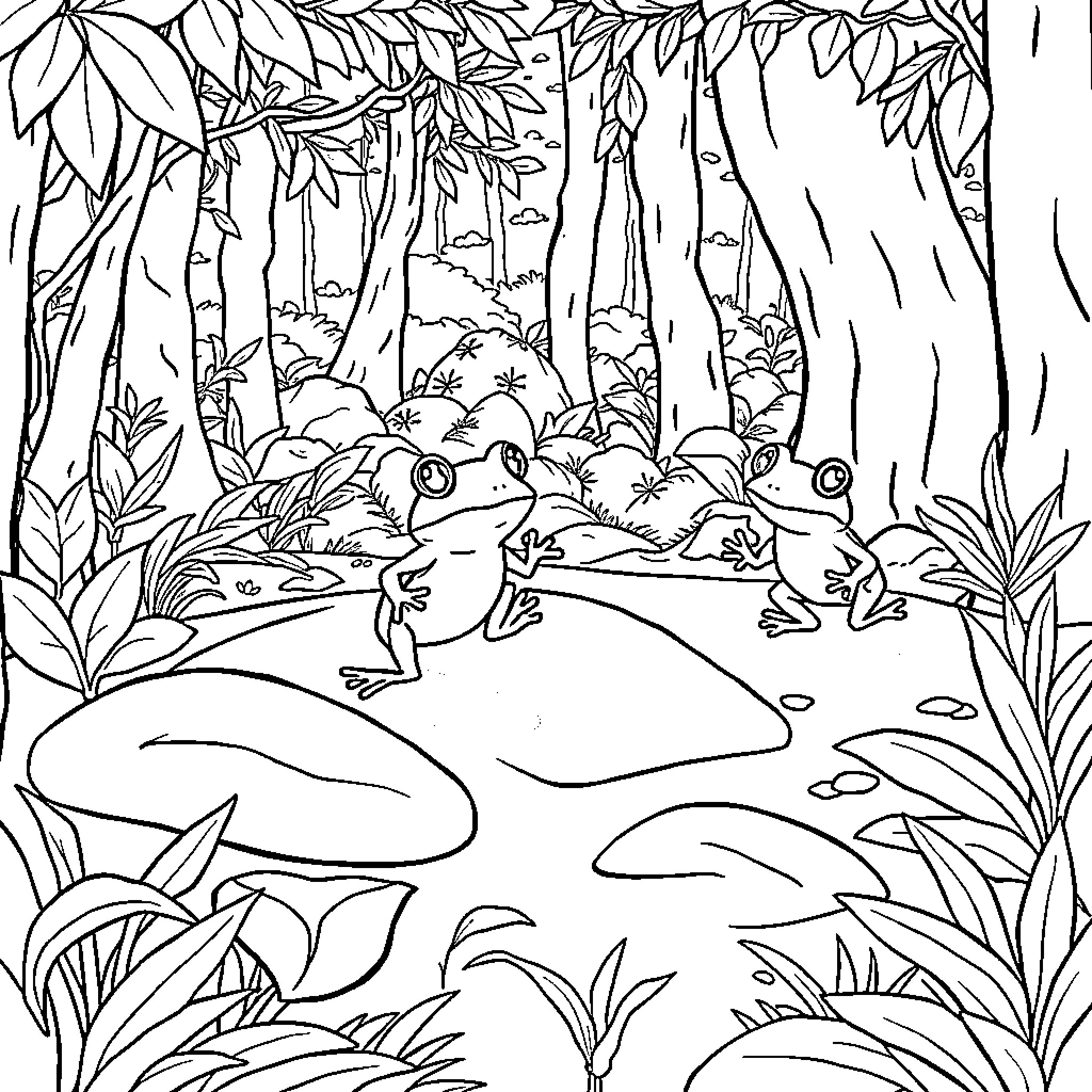 Frog Pond in Lush Jungle Coloring Page (free black-and-white line drawing printable PDF for all, from beginners to advanced learners, including children, teens, adults, and seniors)
