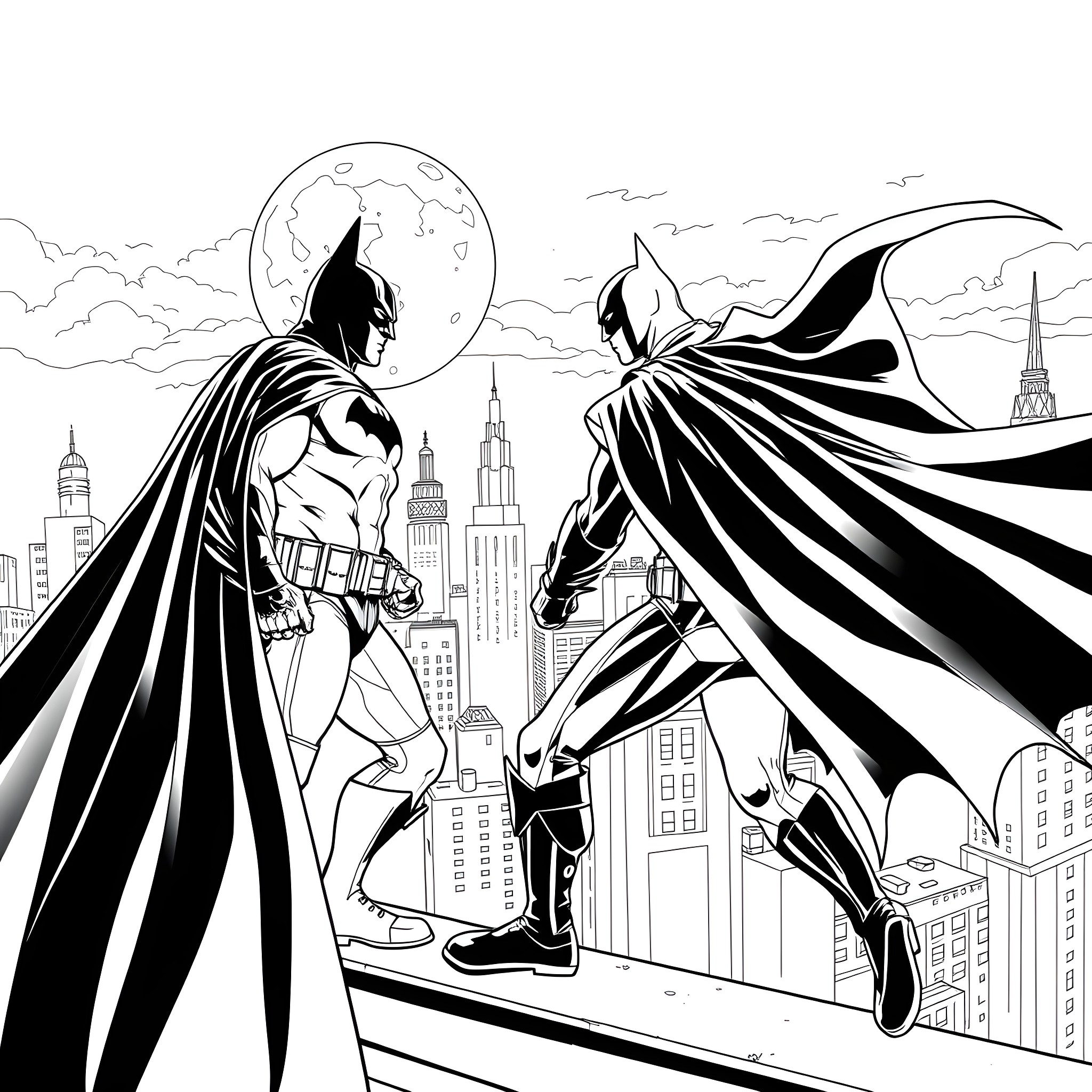Batman's Silhouetted Heroic Actions in the Moonlit City Coloring Page (free black-and-white line drawing printable PDF for all, from beginners to advanced learners, including children, teens, adults, and seniors)