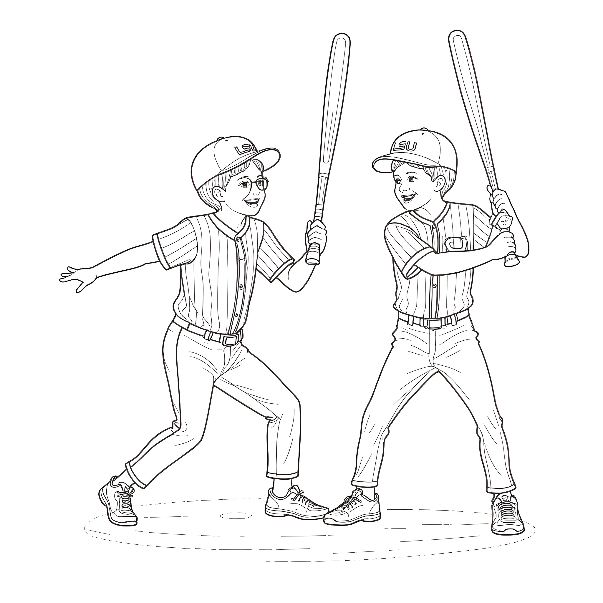 Brother baseball players practicing batting together Coloring Page (free black-and-white line drawing printable PDF for all, from beginners to advanced learners, including children, teens, adults, and seniors)