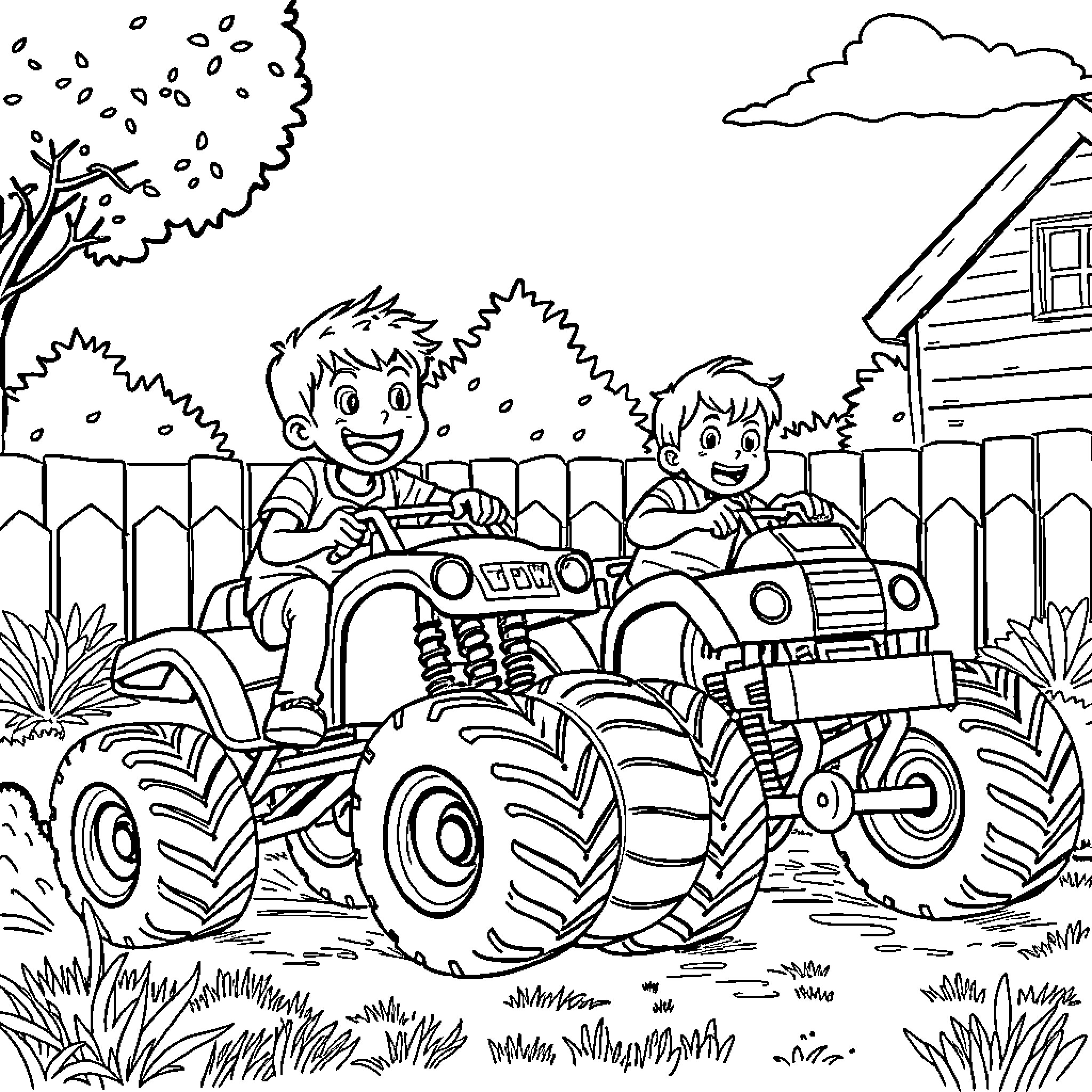 Monster Truck Ride with Friends in the Countryside Coloring Page (free black-and-white line drawing printable PDF for all, from beginners to advanced learners, including children, teens, adults, and seniors)
