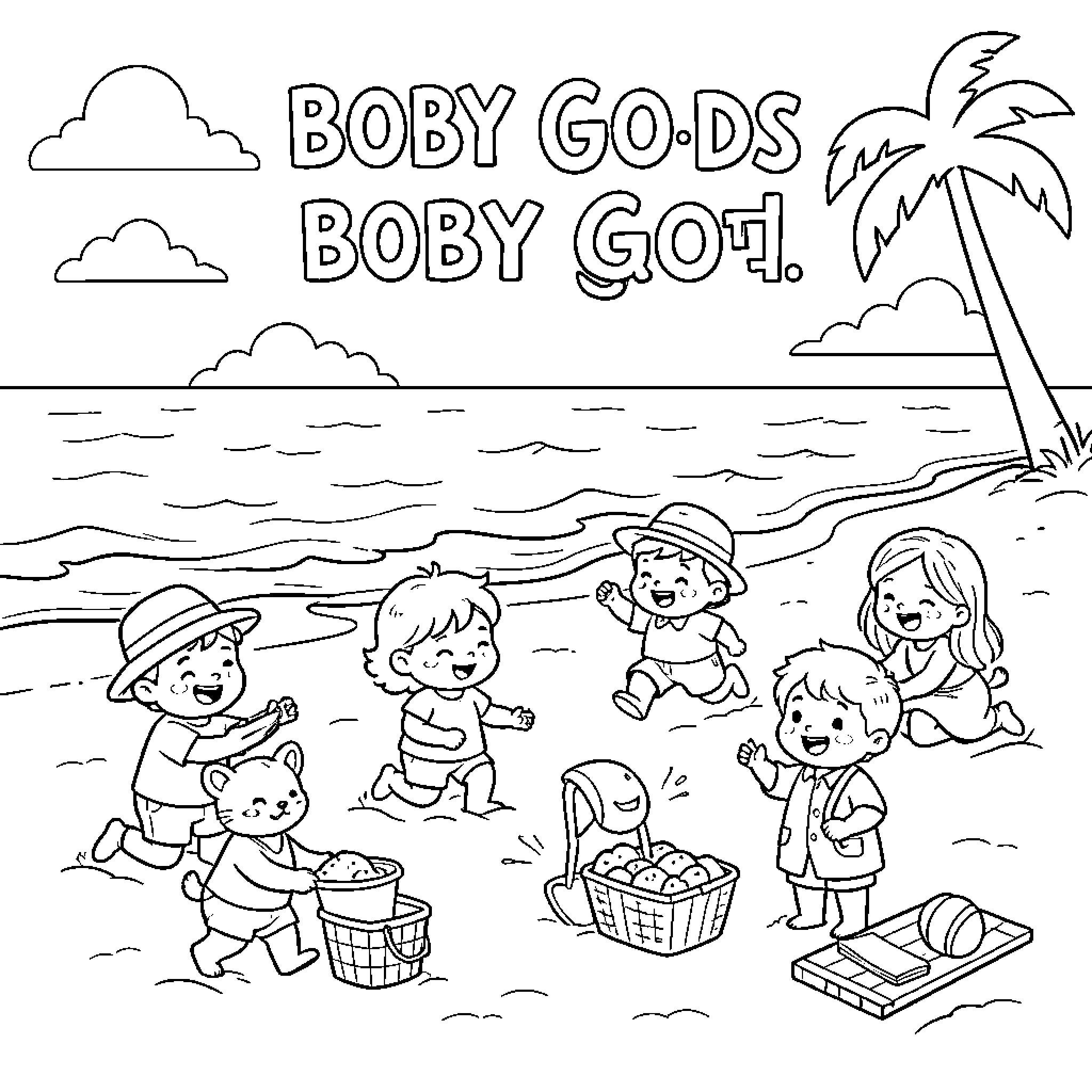 Bobby Gods, Bobby Got - Children playing on the beach Coloring Page (free black-and-white line drawing printable PDF for all, from beginners to advanced learners, including children, teens, adults, and seniors)