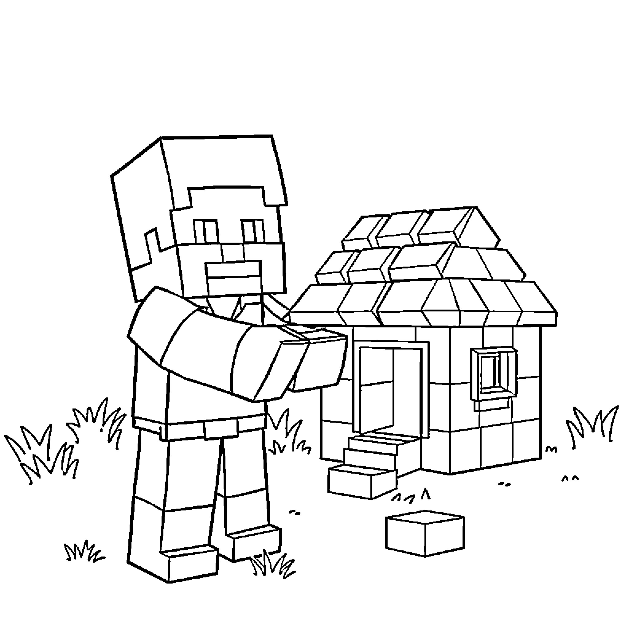 Minecraft Character exploring a small village Coloring Page (free black-and-white line drawing printable PDF for all, from beginners to advanced learners, including children, teens, adults, and seniors)