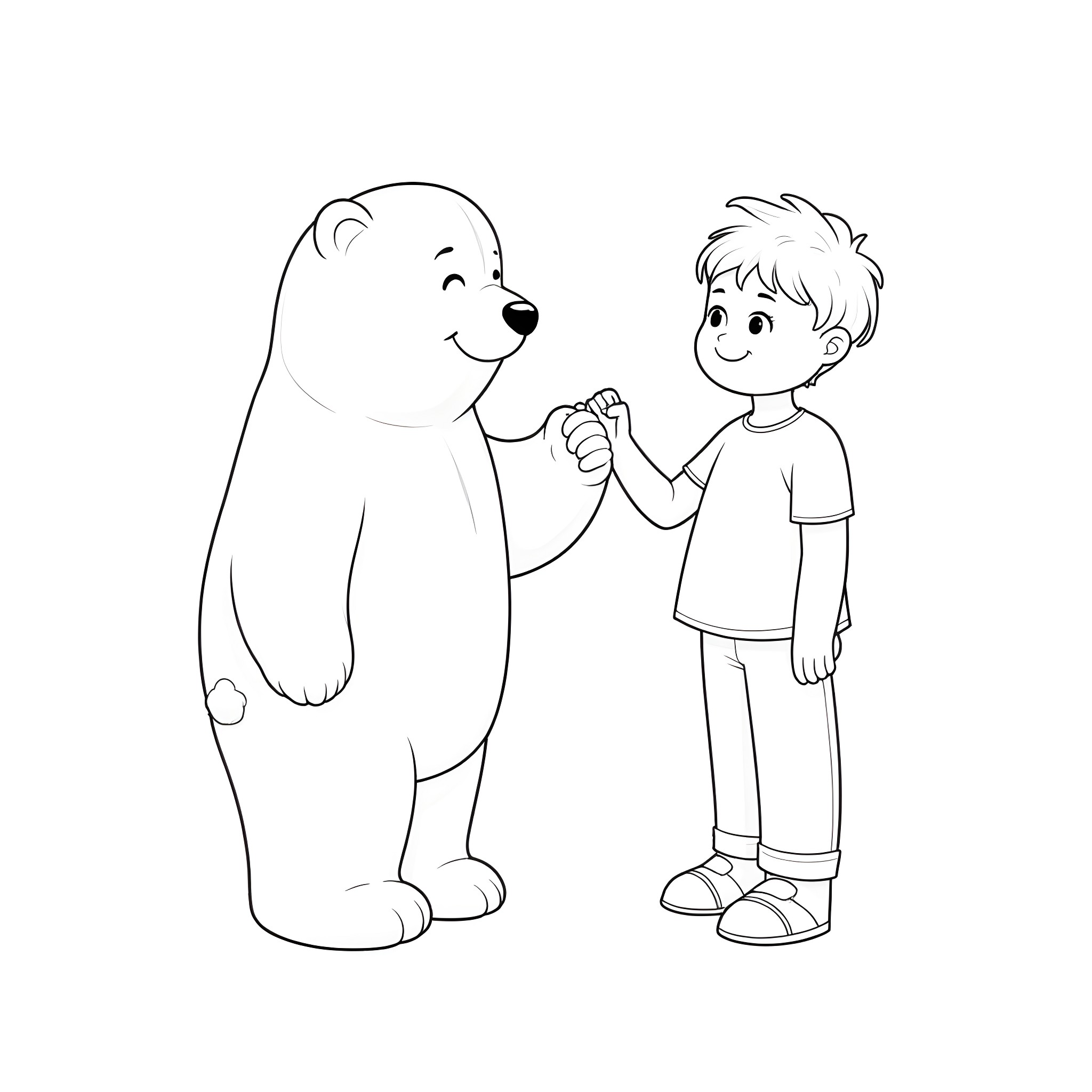 Bear Befriending a Young Boy Coloring Page (free black-and-white line drawing printable PDF for all, from beginners to advanced learners, including children, teens, adults, and seniors)
