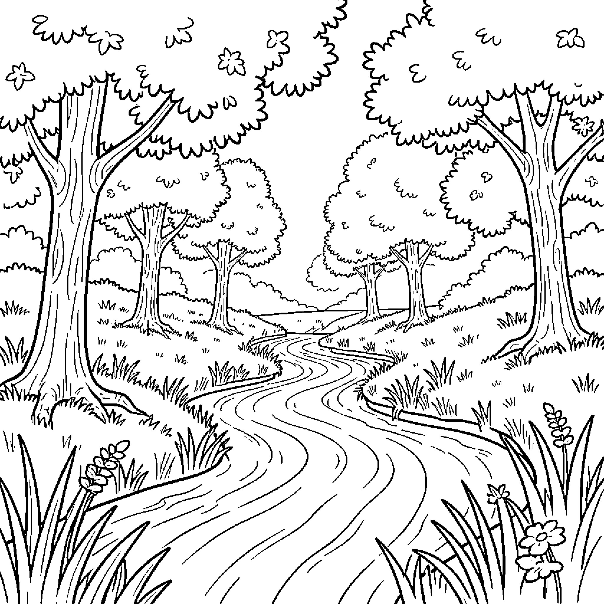 Nature scene featuring a winding river through trees Coloring Page (free black-and-white line drawing printable PDF for all, from beginners to advanced learners, including children, teens, adults, and seniors)