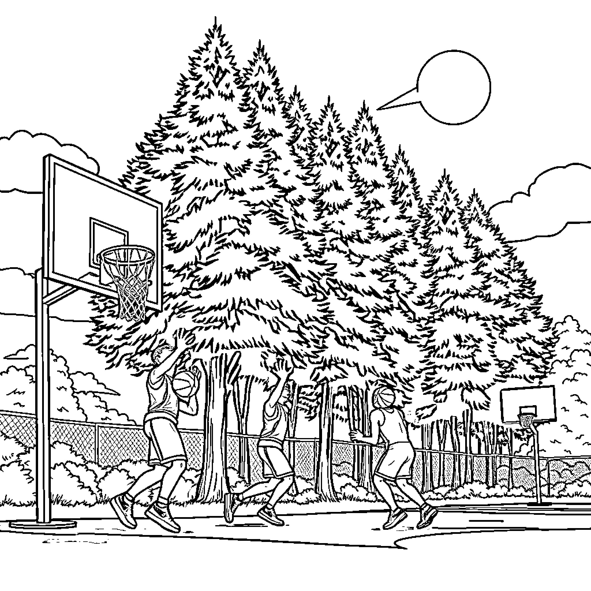 Giant outdoor basketball game in the forest Coloring Page (free black-and-white line drawing printable PDF for all, from beginners to advanced learners, including children, teens, adults, and seniors)
