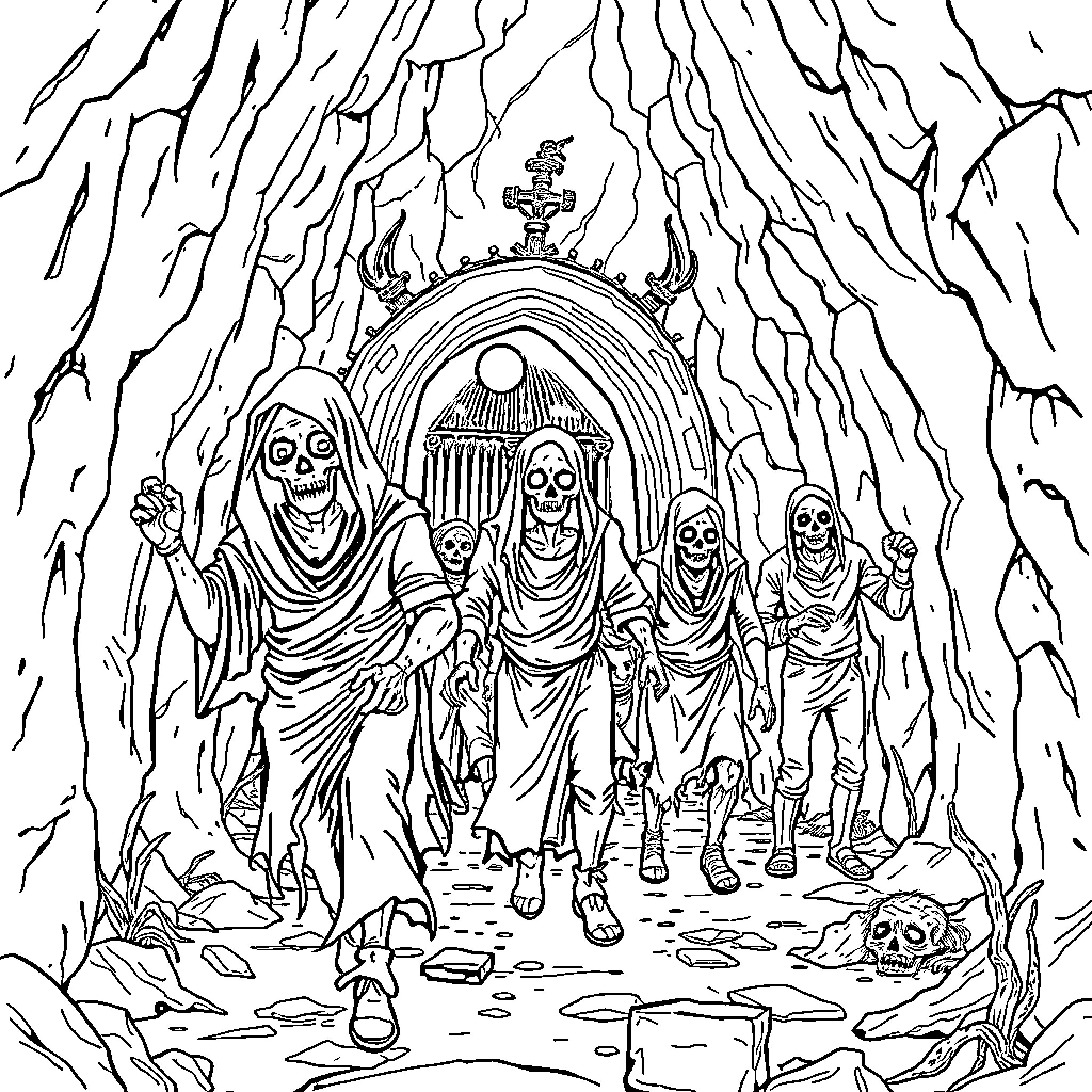 Skeletons in a Haunting Procession Coloring Page (free black-and-white line drawing printable PDF for all, from beginners to advanced learners, including children, teens, adults, and seniors)