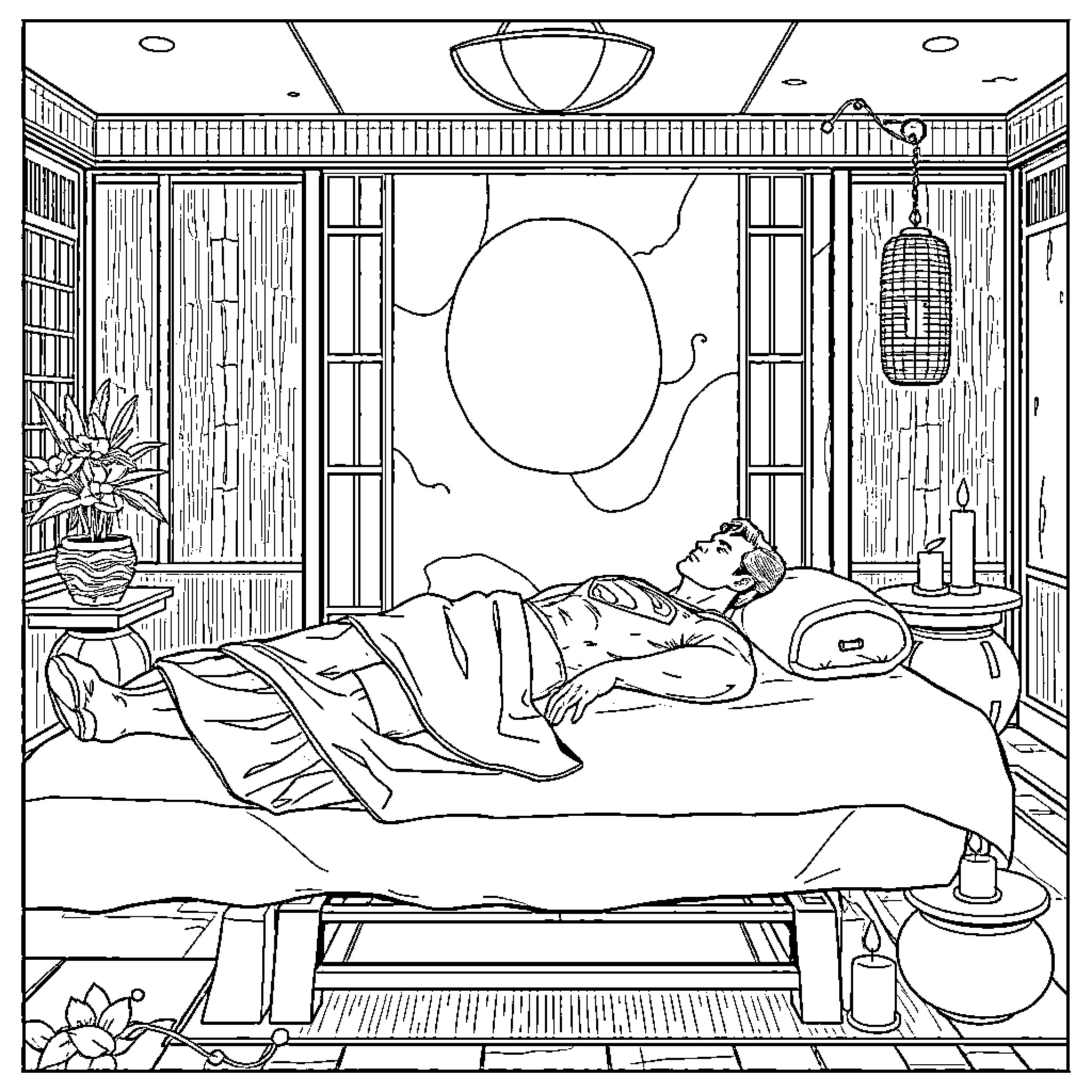 Superman resting peacefully in a tranquil bedroom Coloring Page (free black-and-white line drawing printable PDF for all, from beginners to advanced learners, including children, teens, adults, and seniors)