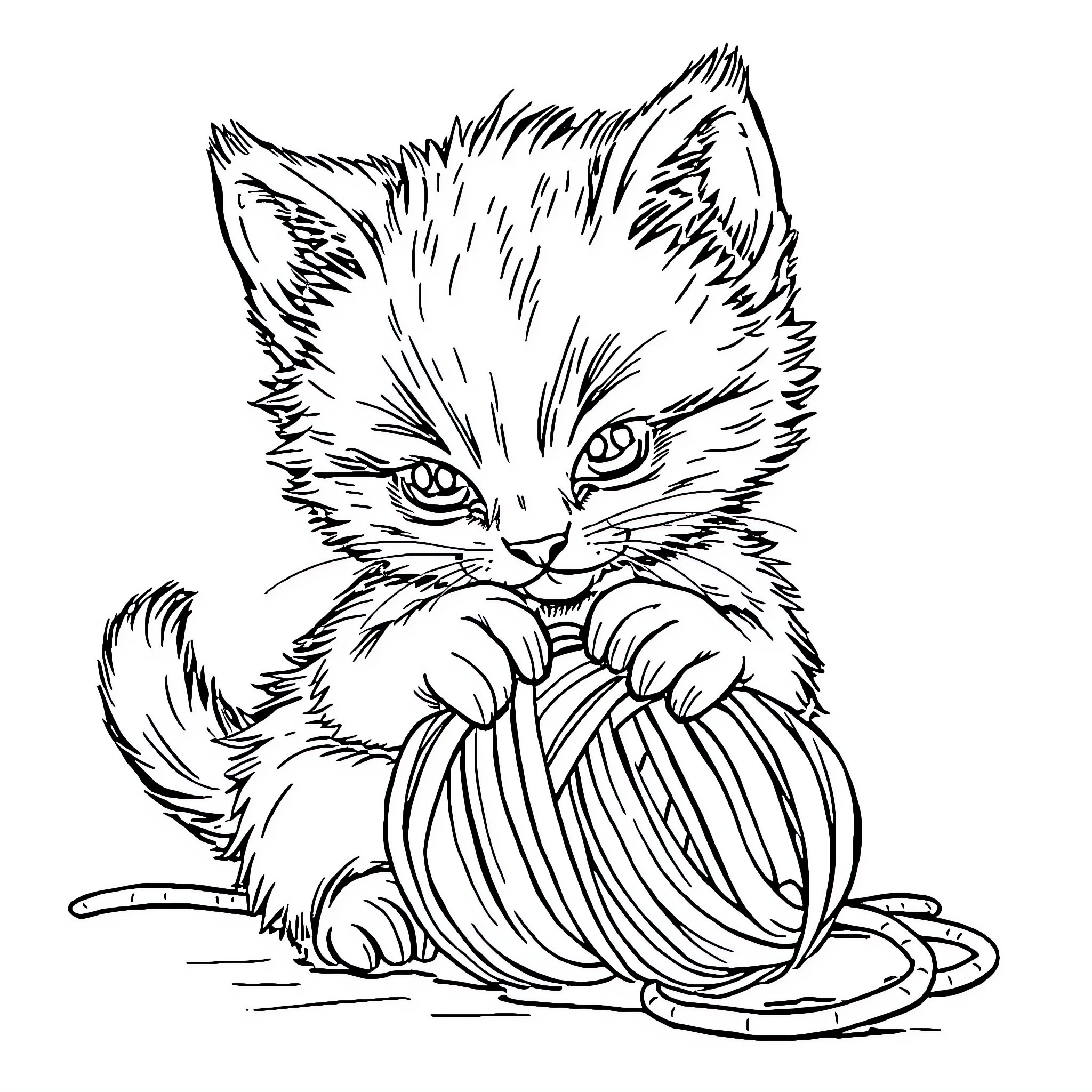 Kitty Playing with Yarn Coloring Page (free black-and-white line drawing printable PDF for all, from beginners to advanced learners, including children, teens, adults, and seniors)