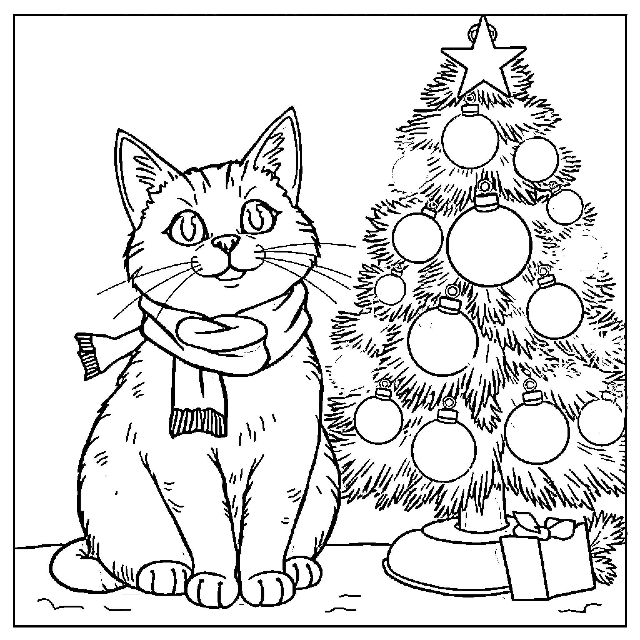 Cat sitting near festive Christmas tree Coloring Page (free black-and-white line drawing printable PDF for all, from beginners to advanced learners, including children, teens, adults, and seniors)