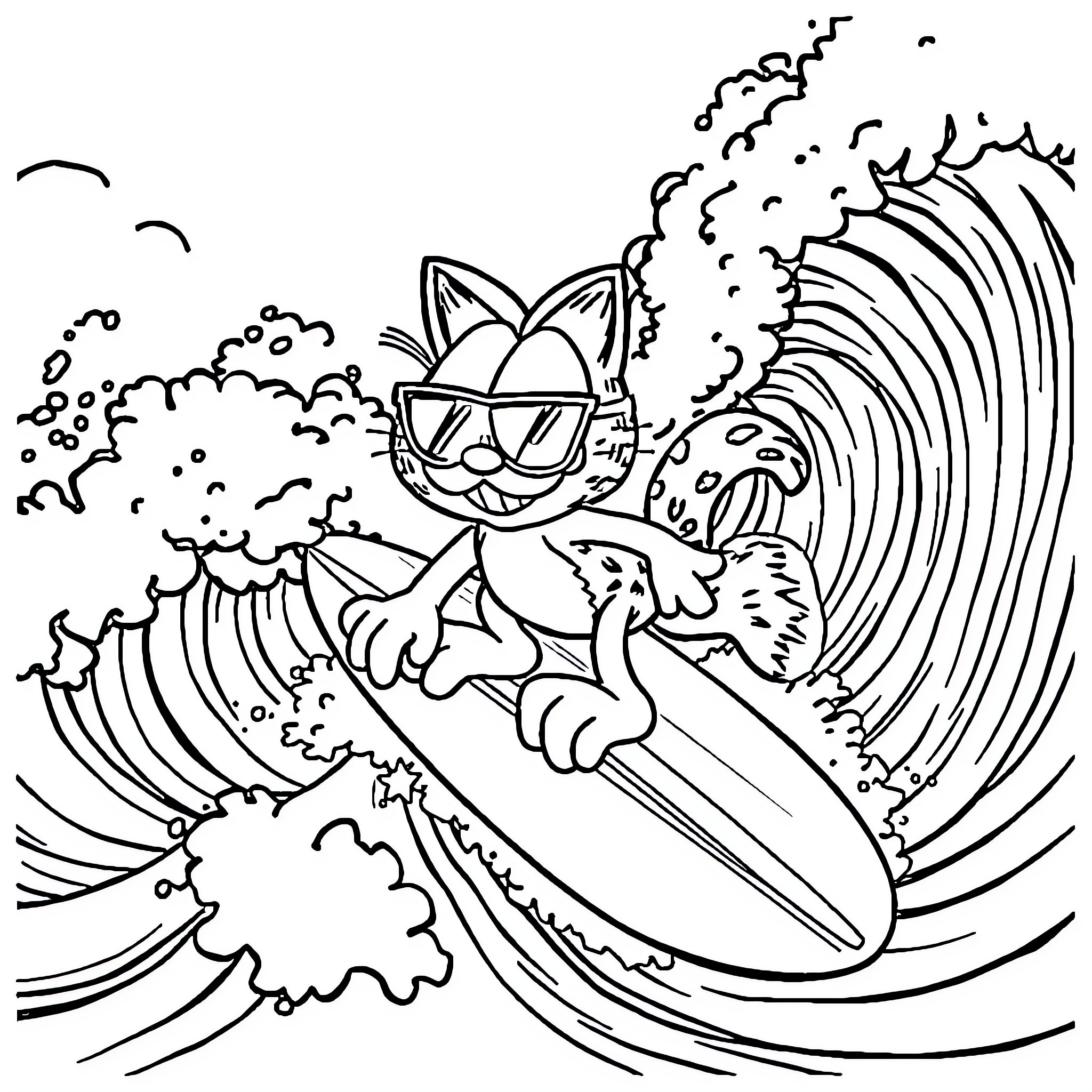Garfield surfing in a wave of chaos Coloring Page (free black-and-white line drawing printable PDF for all, from beginners to advanced learners, including children, teens, adults, and seniors)