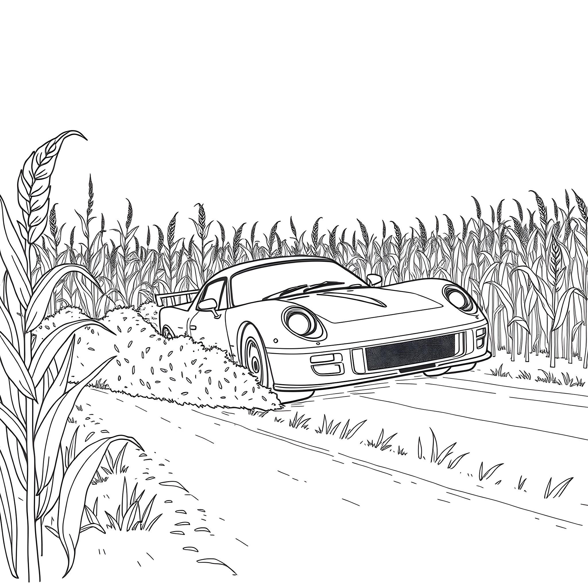 Hot Wheel sports car speeding through tall grass field Coloring Page (free black-and-white line drawing printable PDF for all, from beginners to advanced learners, including children, teens, adults, and seniors)