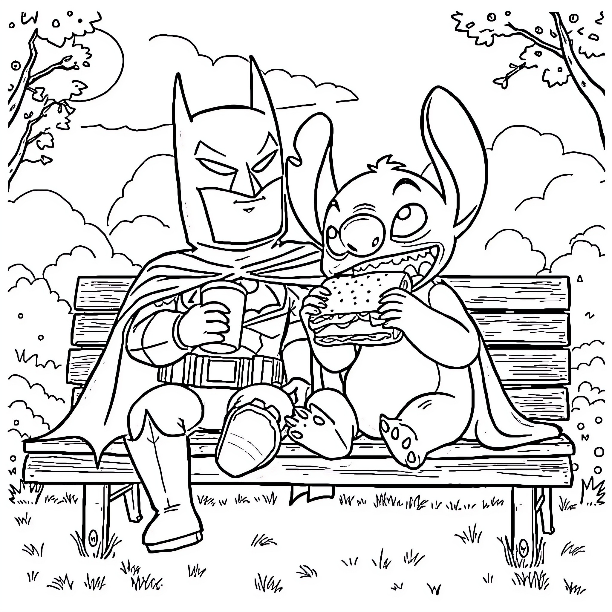 Batman sharing a burger with Stitch on a bench Coloring Page (free black-and-white line drawing printable PDF for all, from beginners to advanced learners, including children, teens, adults, and seniors)