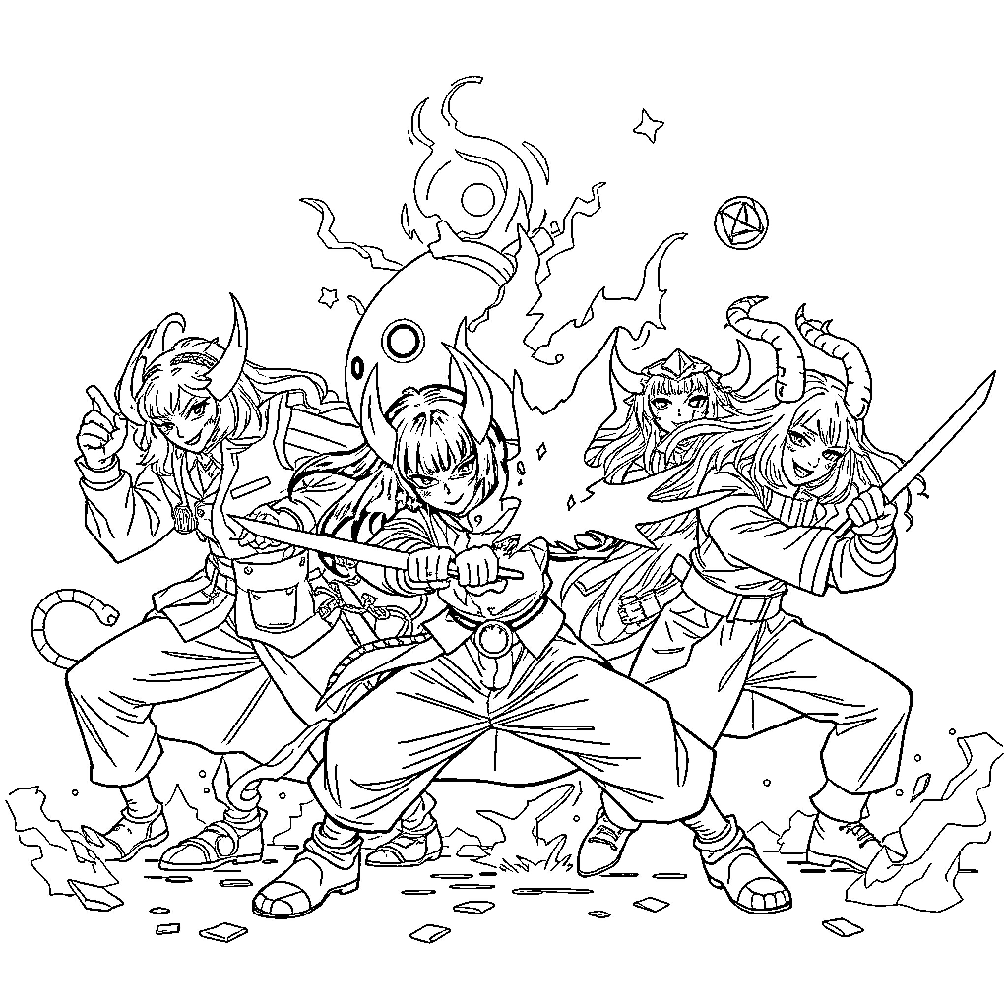 Demon Hunters in Epic Battle with Mystical Creatures Coloring Page (free black-and-white line drawing printable PDF for all, from beginners to advanced learners, including children, teens, adults, and seniors)