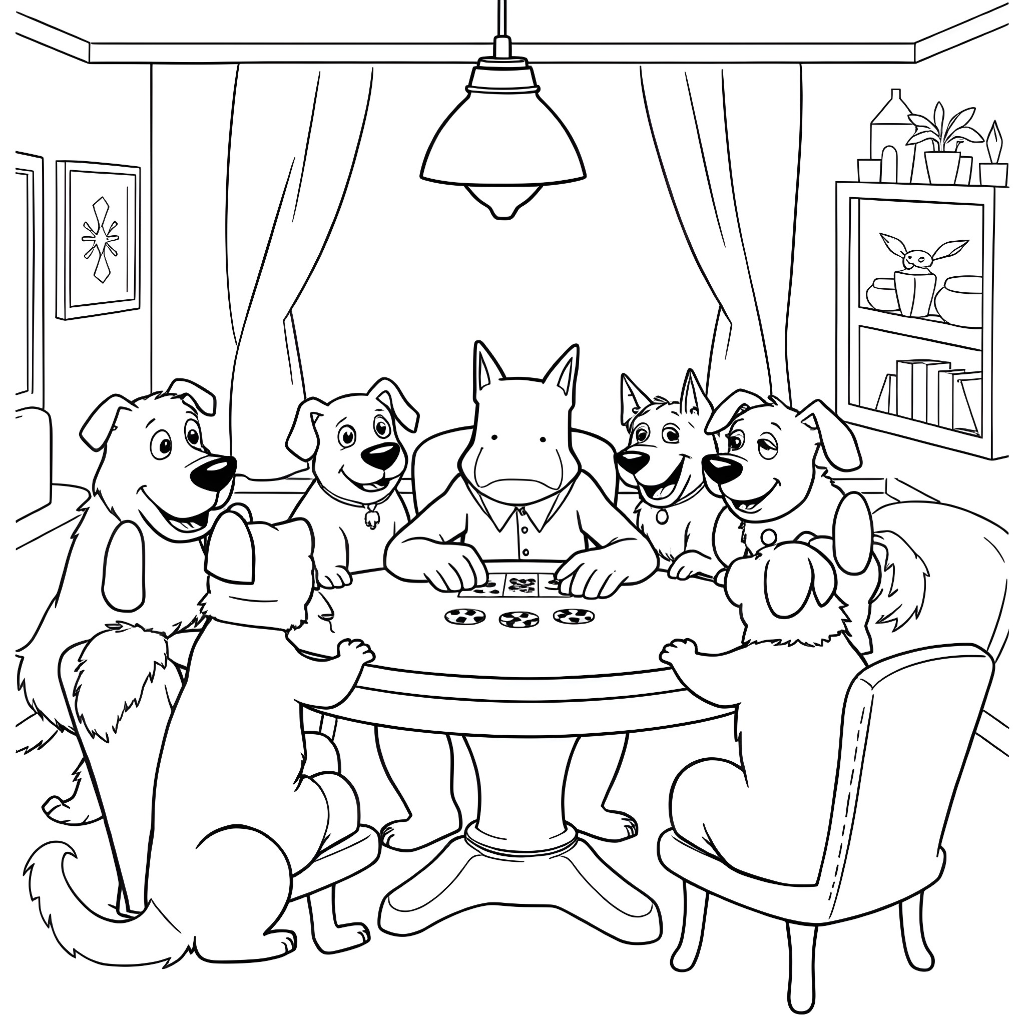 Stevie Griffin and friends playing games at home Coloring Page (free black-and-white line drawing printable PDF for all, from beginners to advanced learners, including children, teens, adults, and seniors)