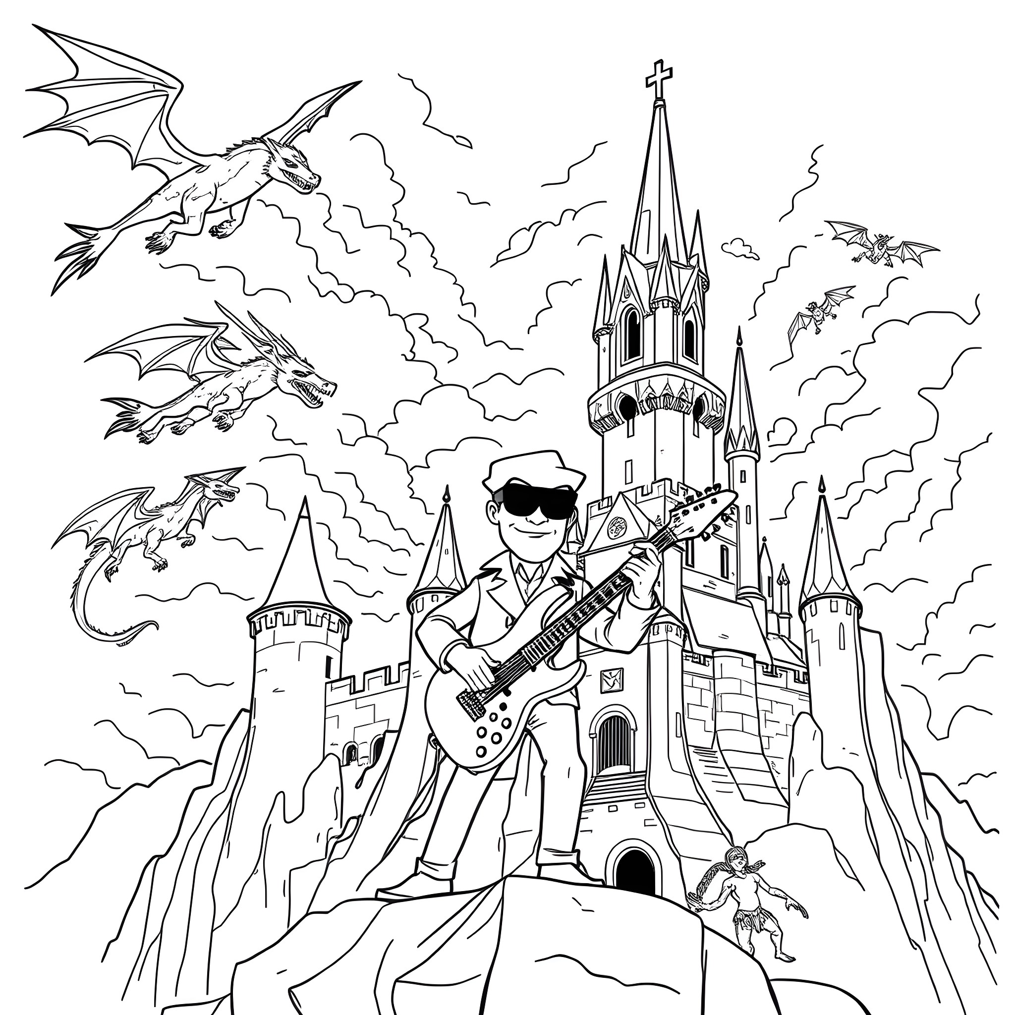 Inspector Gadget battles dragons in a castle Coloring Page (free black-and-white line drawing printable PDF for all, from beginners to advanced learners, including children, teens, adults, and seniors)