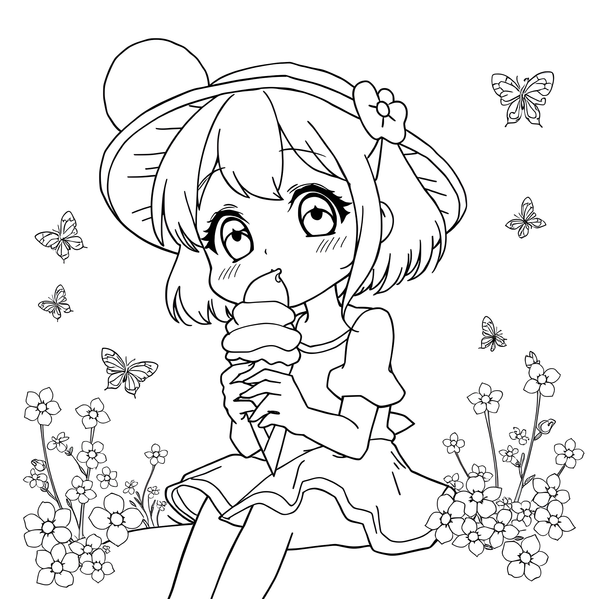 Anime Girl Eating Ice Cream Surrounded by Flowers and Butterflies Coloring Page (free black-and-white line drawing printable PDF for all, from beginners to advanced learners, including children, teens, adults, and seniors)