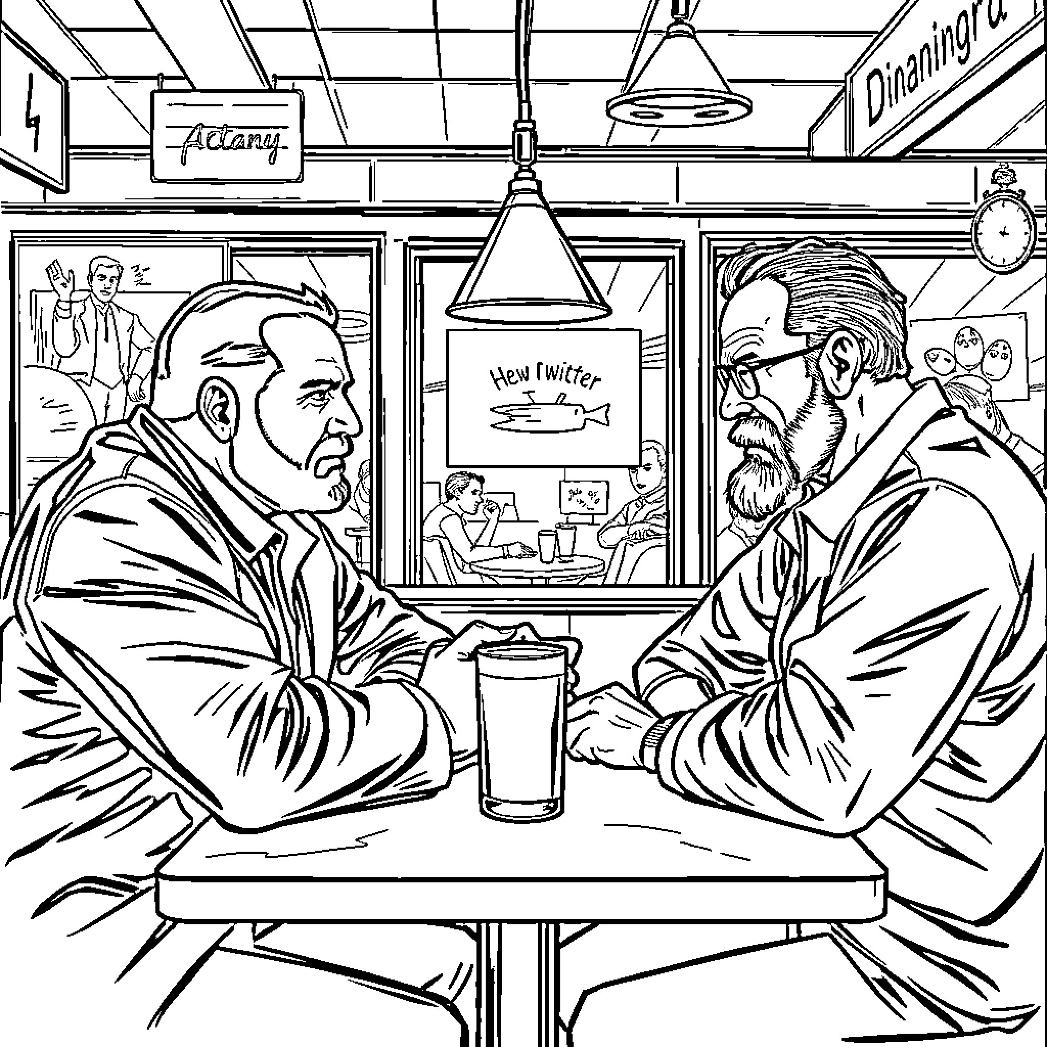 Tony Soprano and Colleague Discuss Business in Diner Coloring Page (free black-and-white line drawing printable PDF for all, from beginners to advanced learners, including children, teens, adults, and seniors)