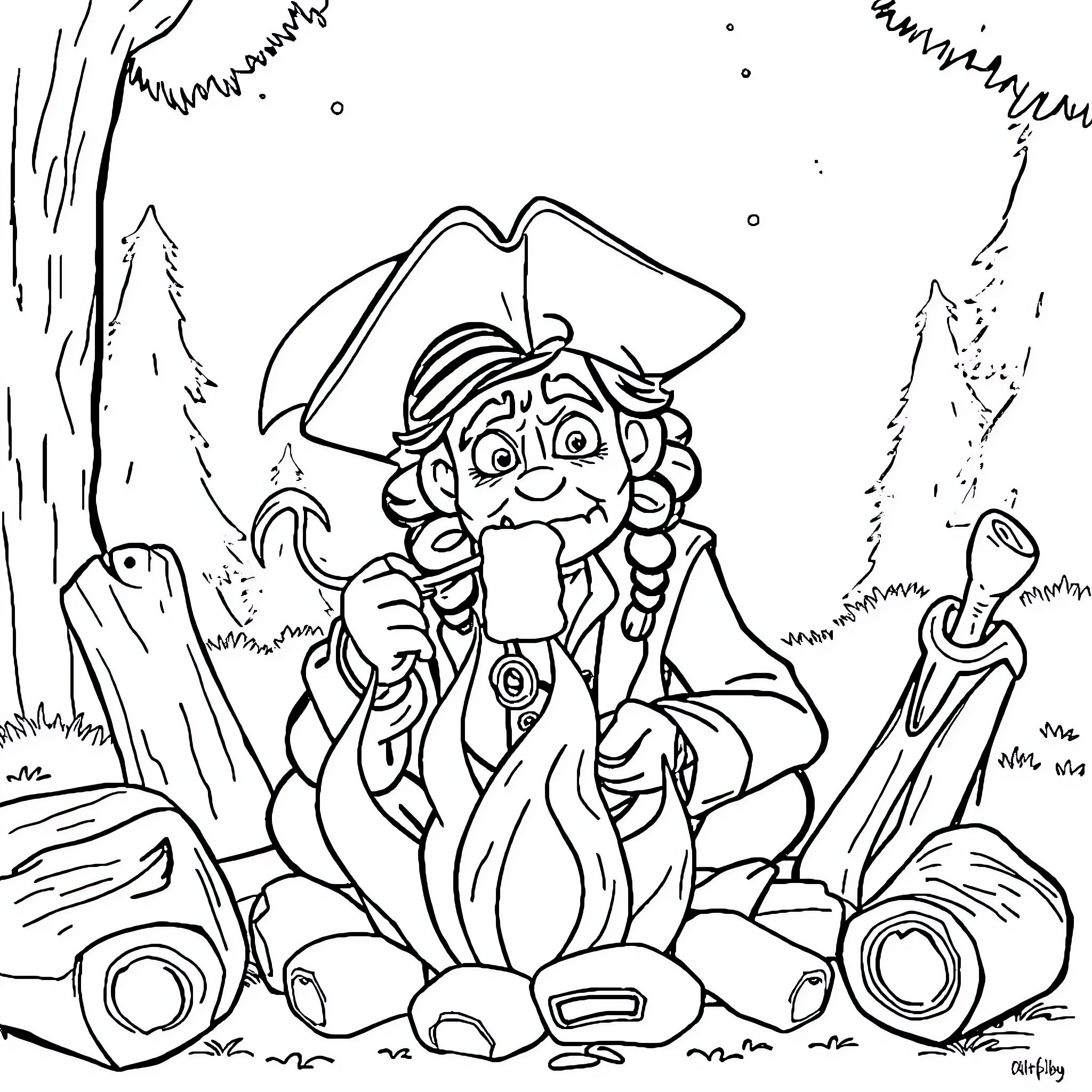 Captain Hook's Pirate Adventure in the Jungle Coloring Page (free black-and-white line drawing printable PDF for all, from beginners to advanced learners, including children, teens, adults, and seniors)