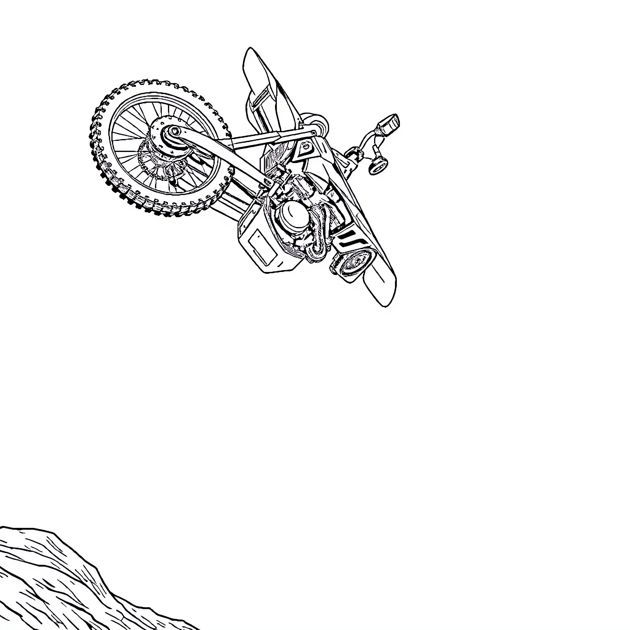 Dirt Bike Airborne Stunt on Rugged Terrain Coloring Page (free black-and-white line drawing printable PDF for all, from beginners to advanced learners, including children, teens, adults, and seniors)