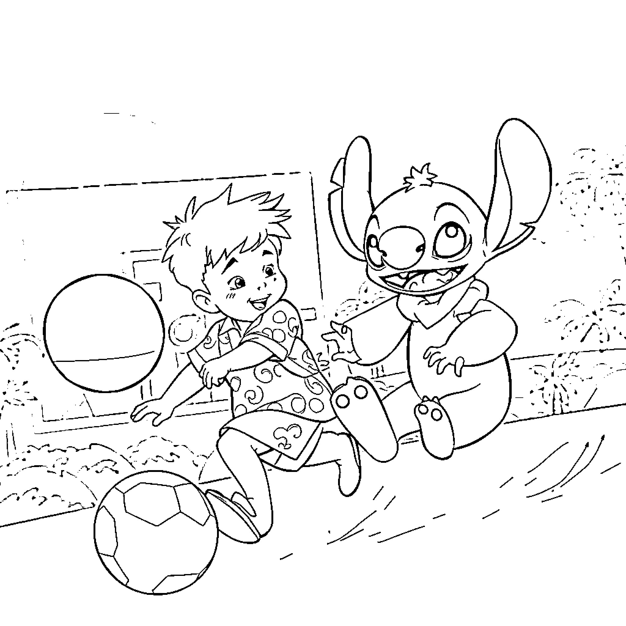 Niño playing joyfully with Stitch in the park Coloring Page (free black-and-white line drawing printable PDF for all, from beginners to advanced learners, including children, teens, adults, and seniors)