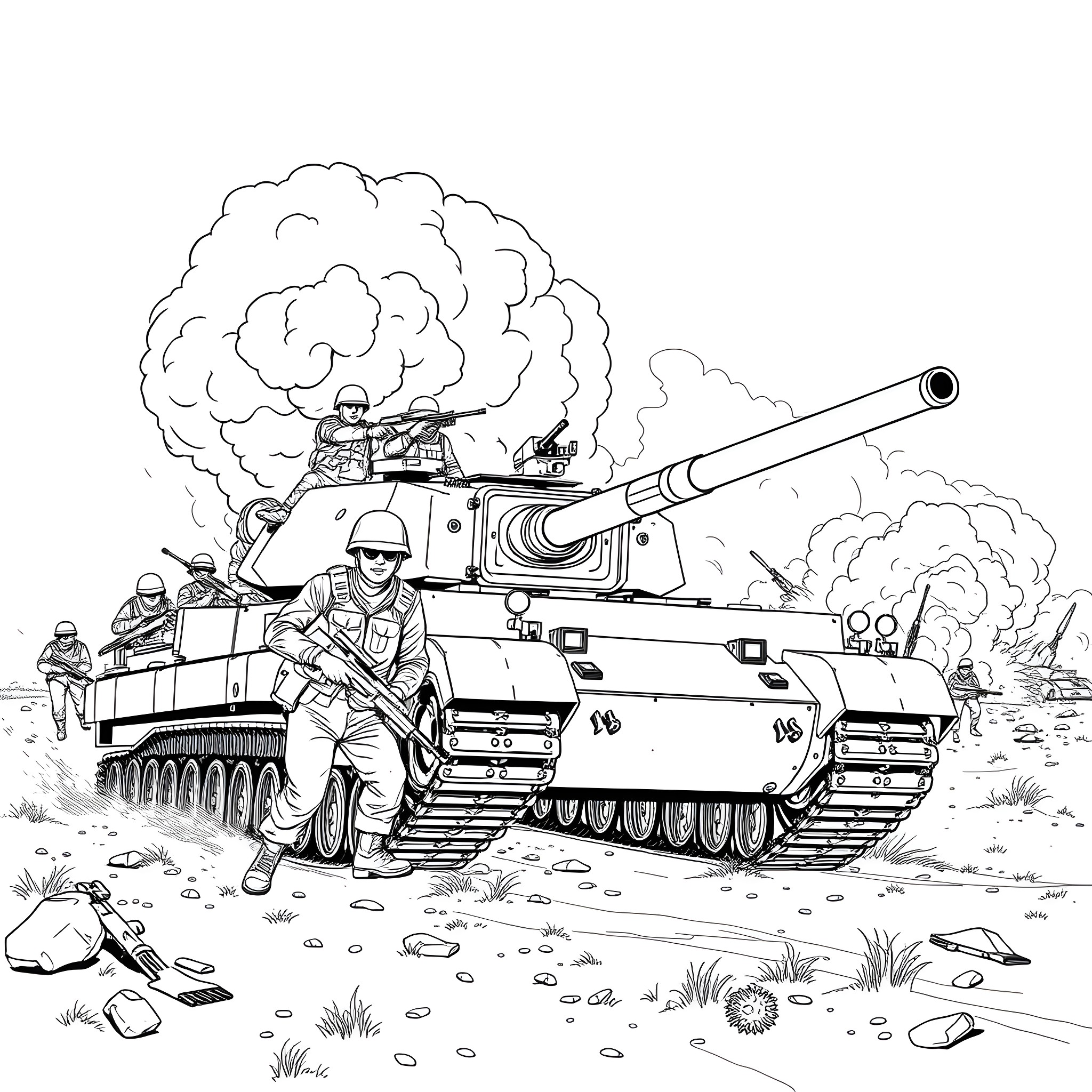 Soldier Operating a Powerful Battle Tank Coloring Page (free black-and-white line drawing printable PDF for all, from beginners to advanced learners, including children, teens, adults, and seniors)