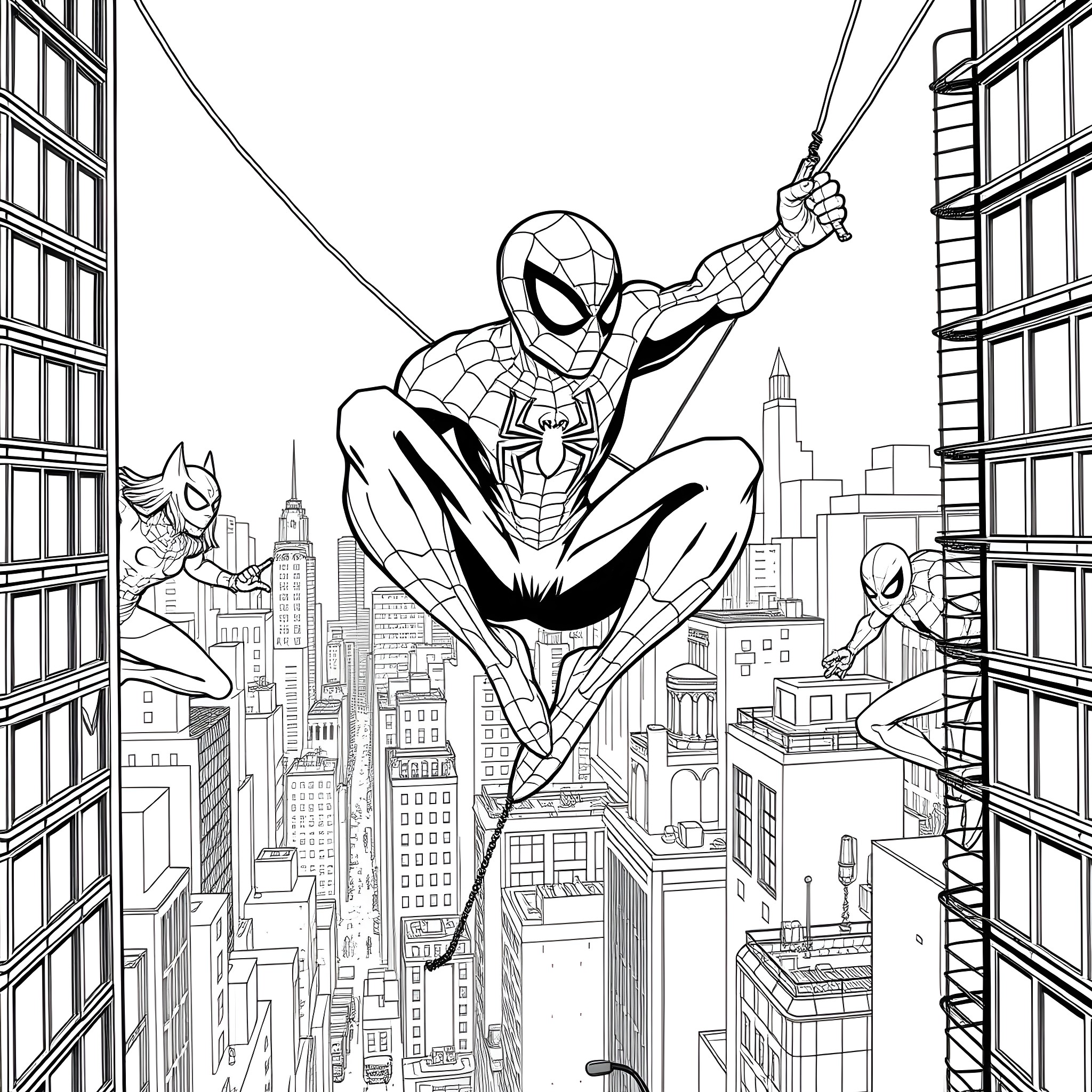 Spider-Man swinging through the city Coloring Page (free black-and-white line drawing printable PDF for all, from beginners to advanced learners, including children, teens, adults, and seniors)