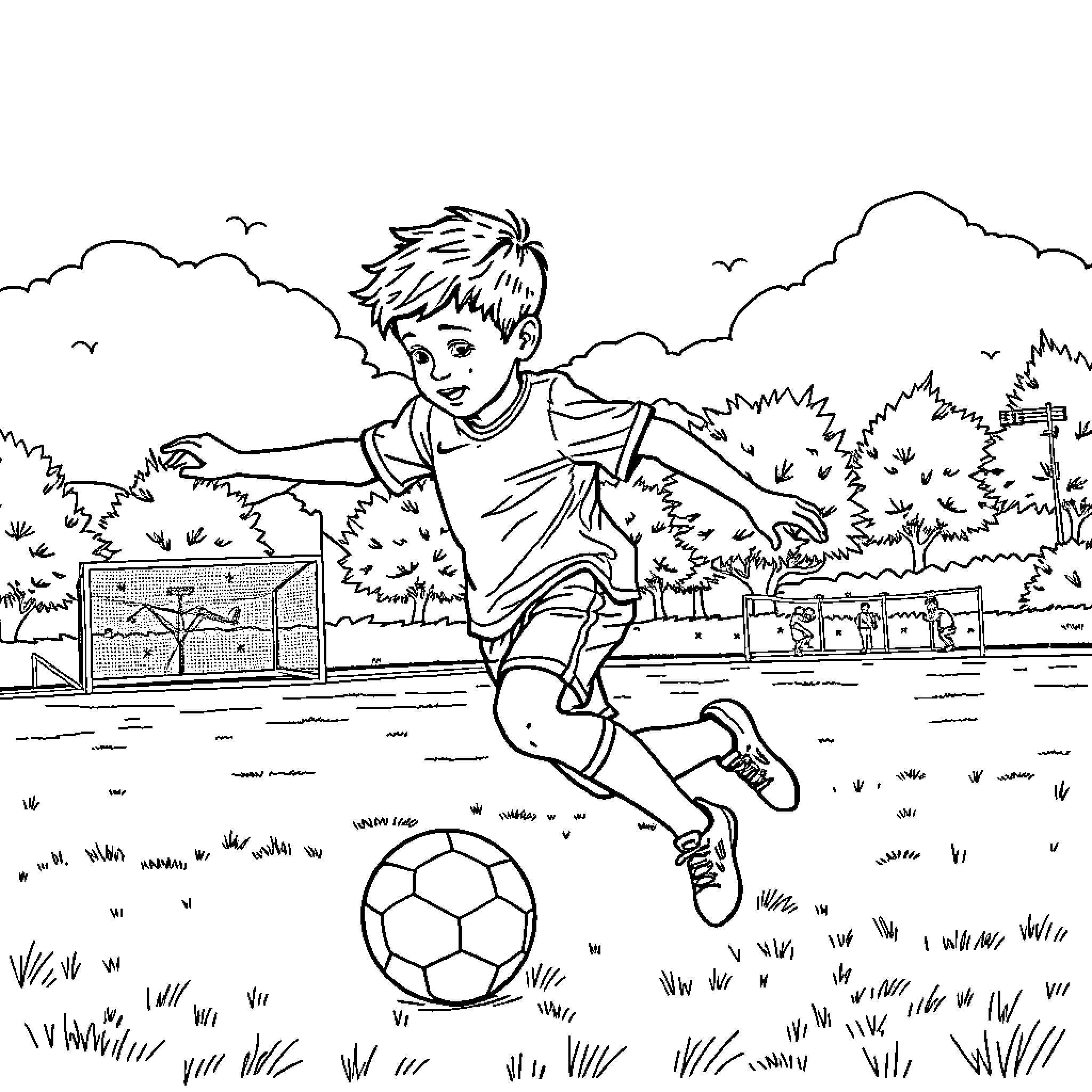 Child playing joyfully with soccer ball in the park Coloring Page (free black-and-white line drawing printable PDF for all, from beginners to advanced learners, including children, teens, adults, and seniors)