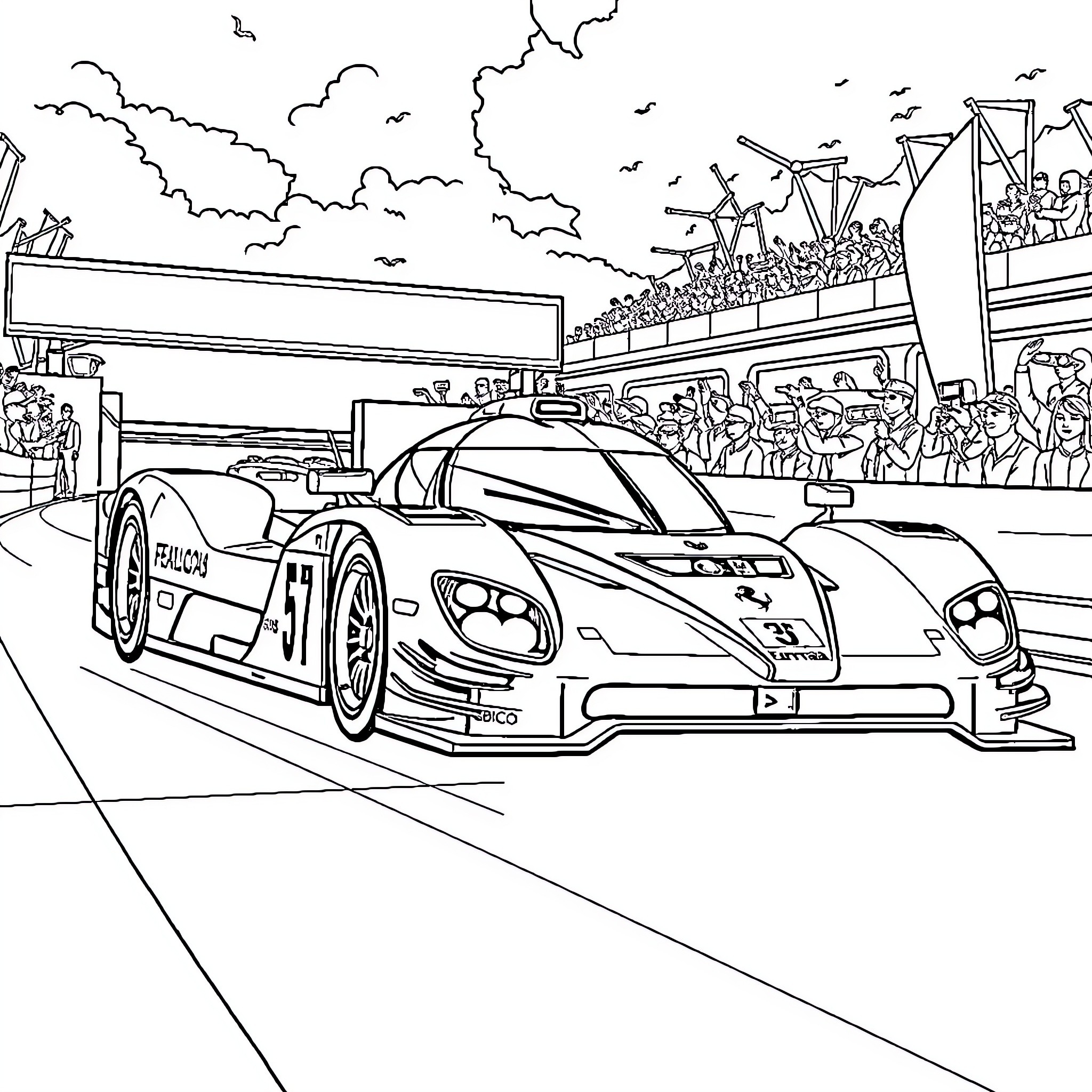Kubica's Racer in Grand Prix Event Coloring Page (free black-and-white line drawing printable PDF for all, from beginners to advanced learners, including children, teens, adults, and seniors)