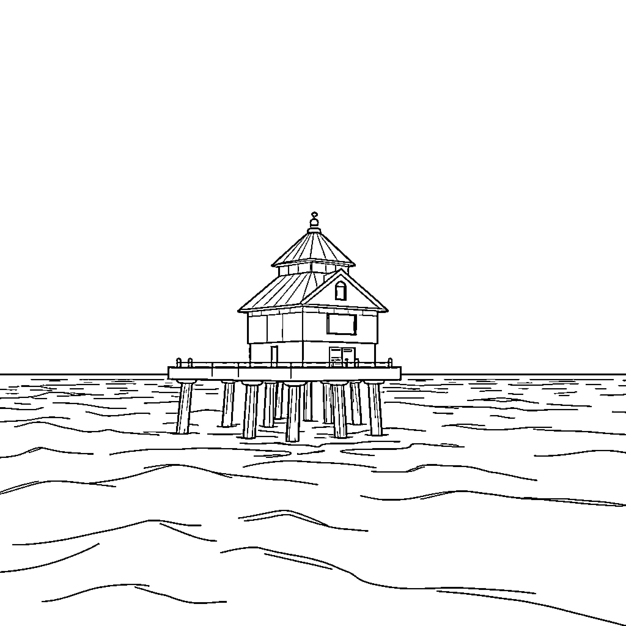 Pier on the water with a unique structure Coloring Page (free black-and-white line drawing printable PDF for all, from beginners to advanced learners, including children, teens, adults, and seniors)