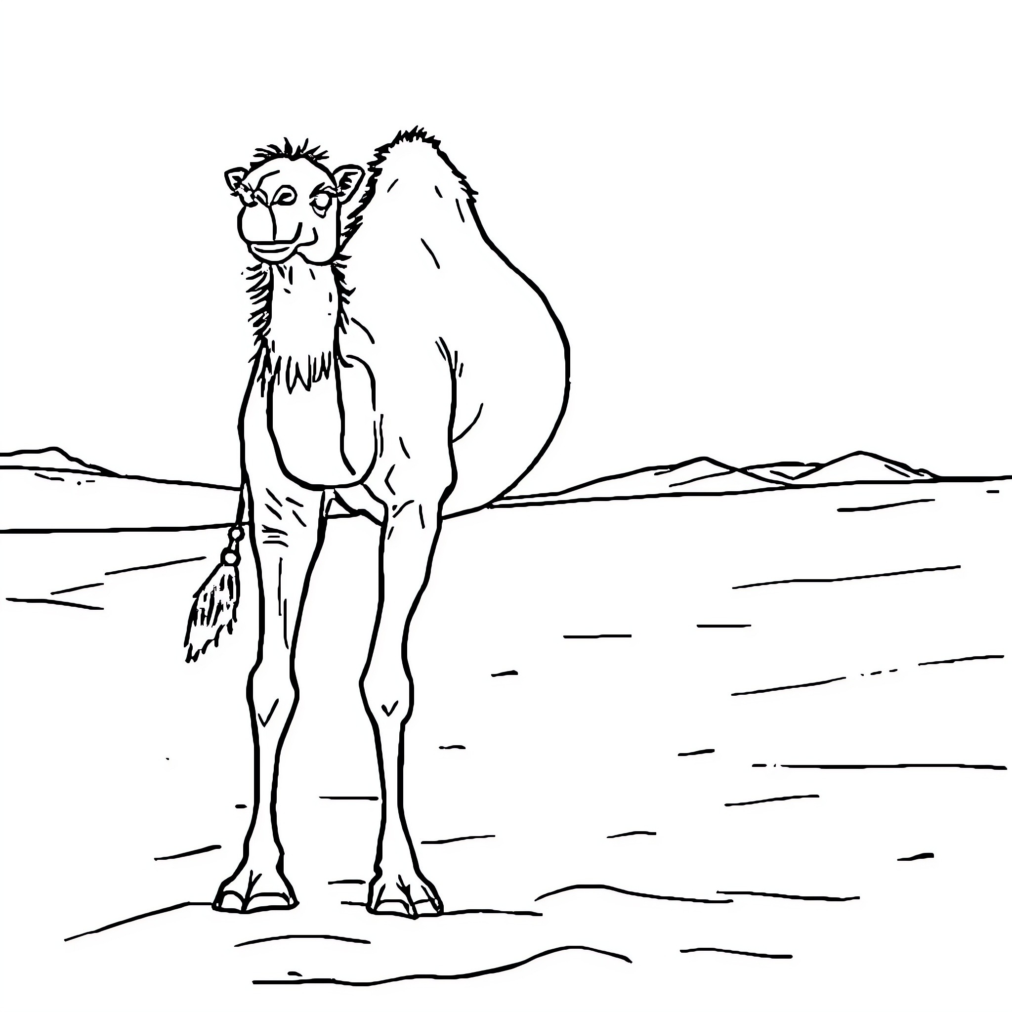 Camel standing in the desert landscape Coloring Page (free black-and-white line drawing printable PDF for all, from beginners to advanced learners, including children, teens, adults, and seniors)