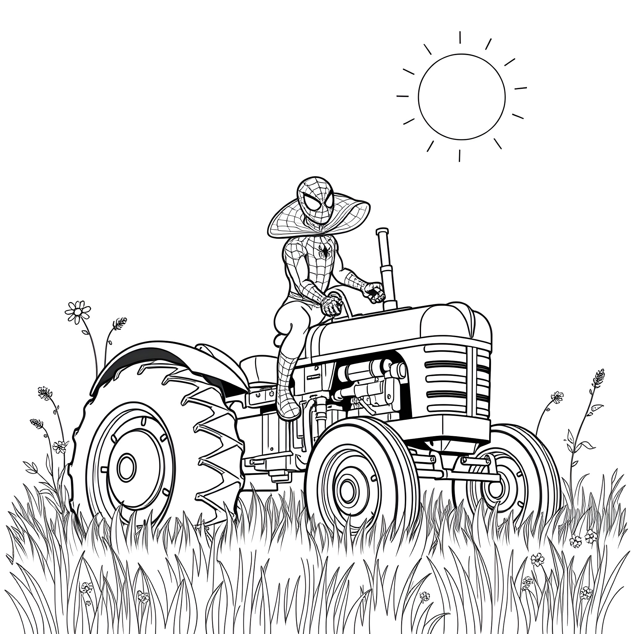 Spiderman driving a tractor in the countryside Coloring Page (free black-and-white line drawing printable PDF for all, from beginners to advanced learners, including children, teens, adults, and seniors)