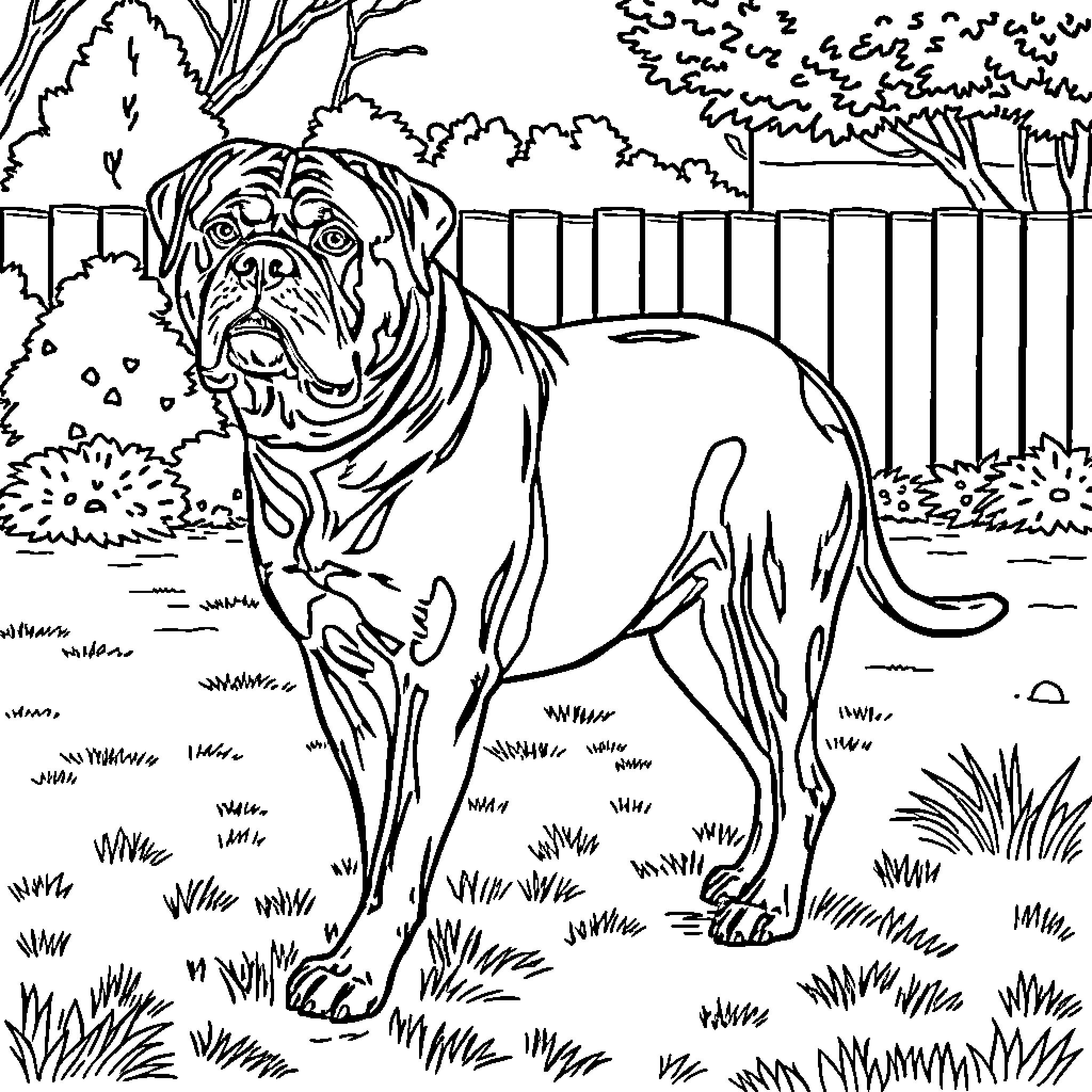 Rottweiler guard dog standing vigilant in the yard Coloring Page (free black-and-white line drawing printable PDF for all, from beginners to advanced learners, including children, teens, adults, and seniors)