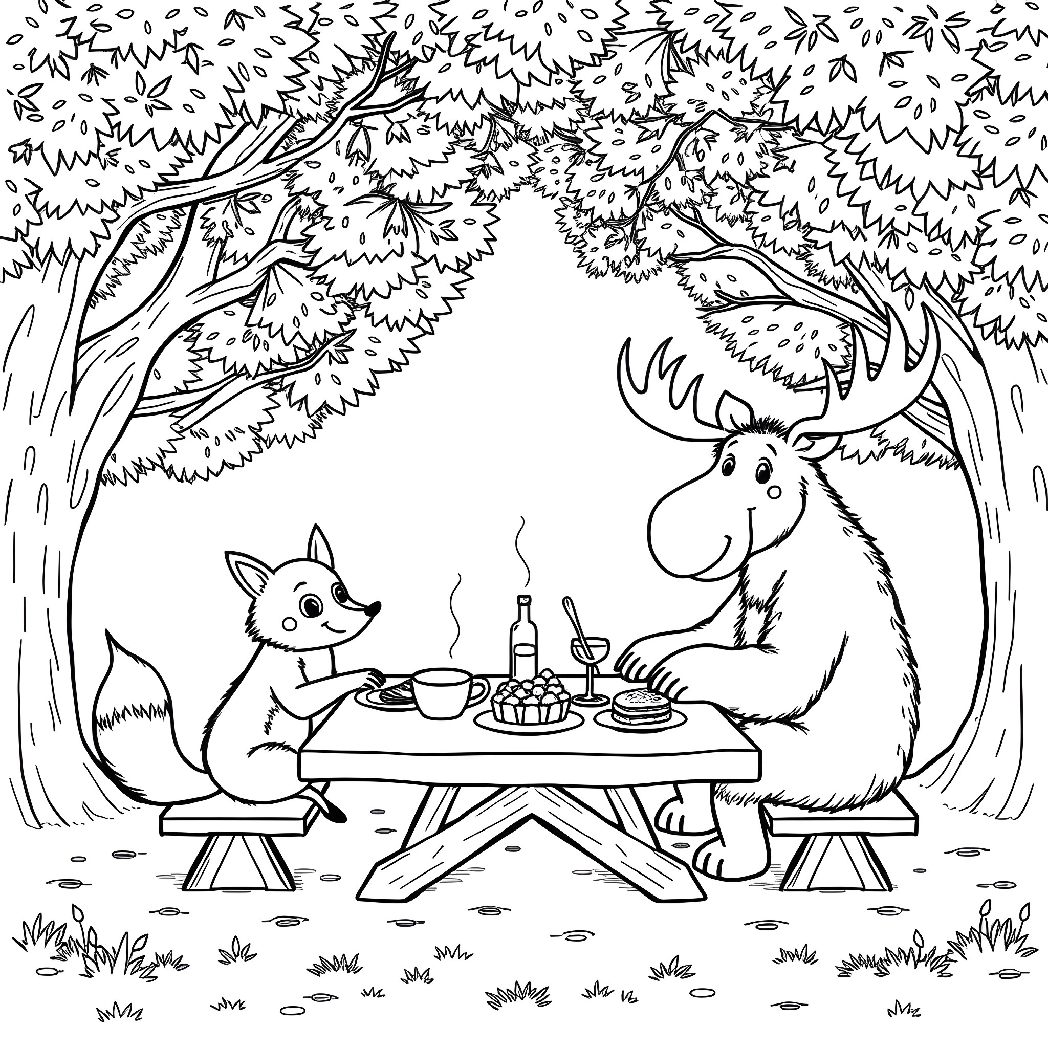 Fox and Moose Enjoying Picnic in Forest Coloring Page (free black-and-white line drawing printable PDF for all, from beginners to advanced learners, including children, teens, adults, and seniors)