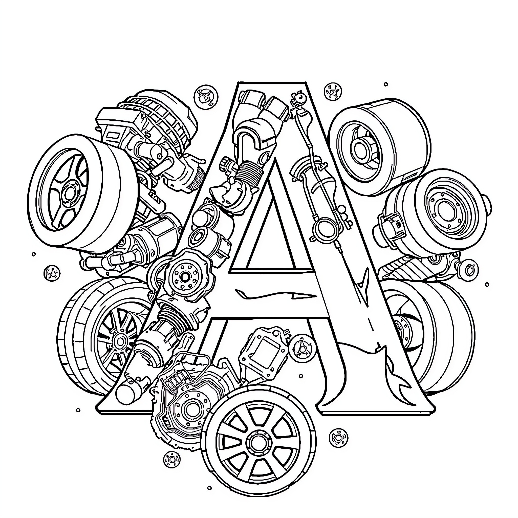 Letter A Composed of Mechanical Parts Coloring Page (free black-and-white line drawing printable PDF for all, from beginners to advanced learners, including children, teens, adults, and seniors)