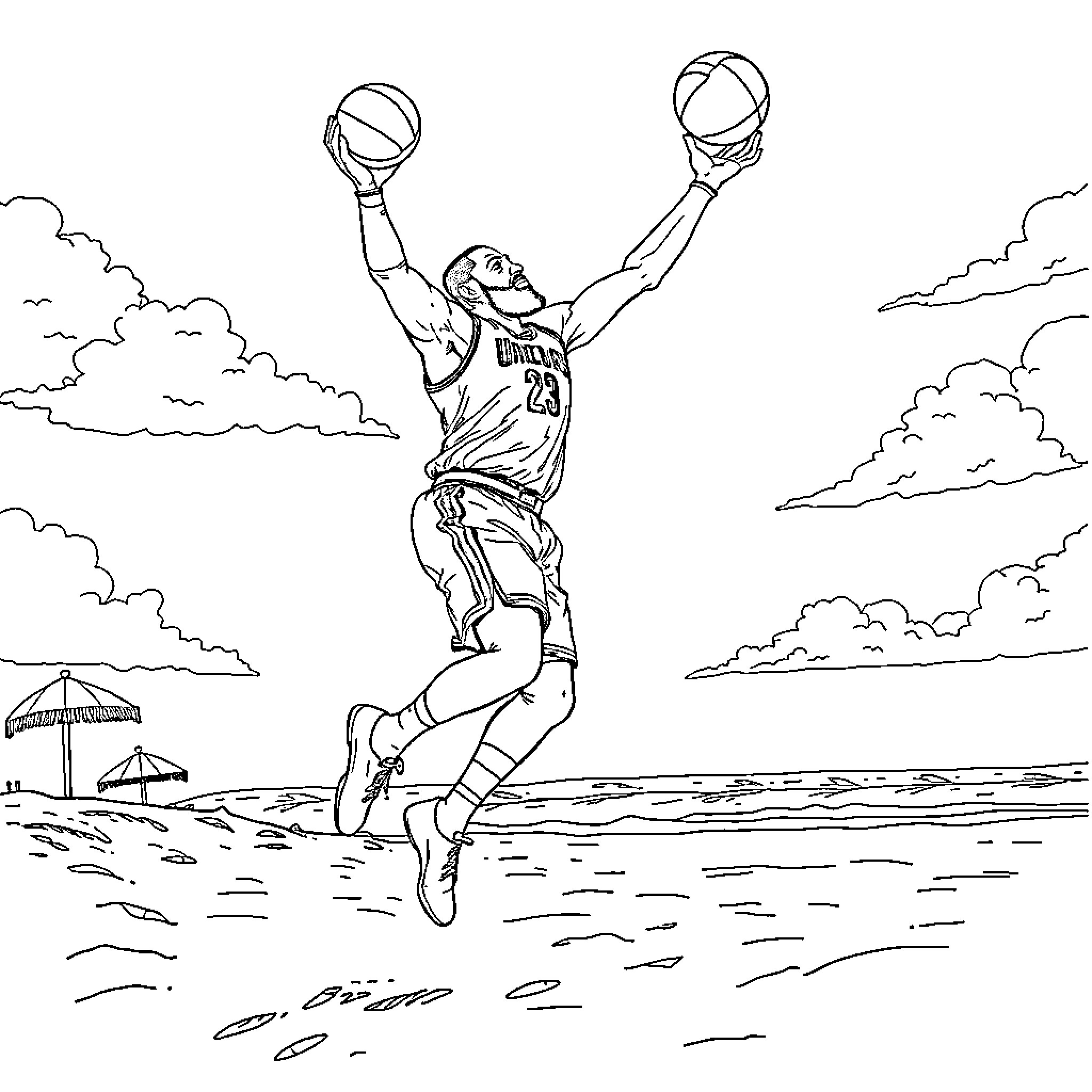 LeBron James dunking in a beach basketball game Coloring Page (free black-and-white line drawing printable PDF for all, from beginners to advanced learners, including children, teens, adults, and seniors)